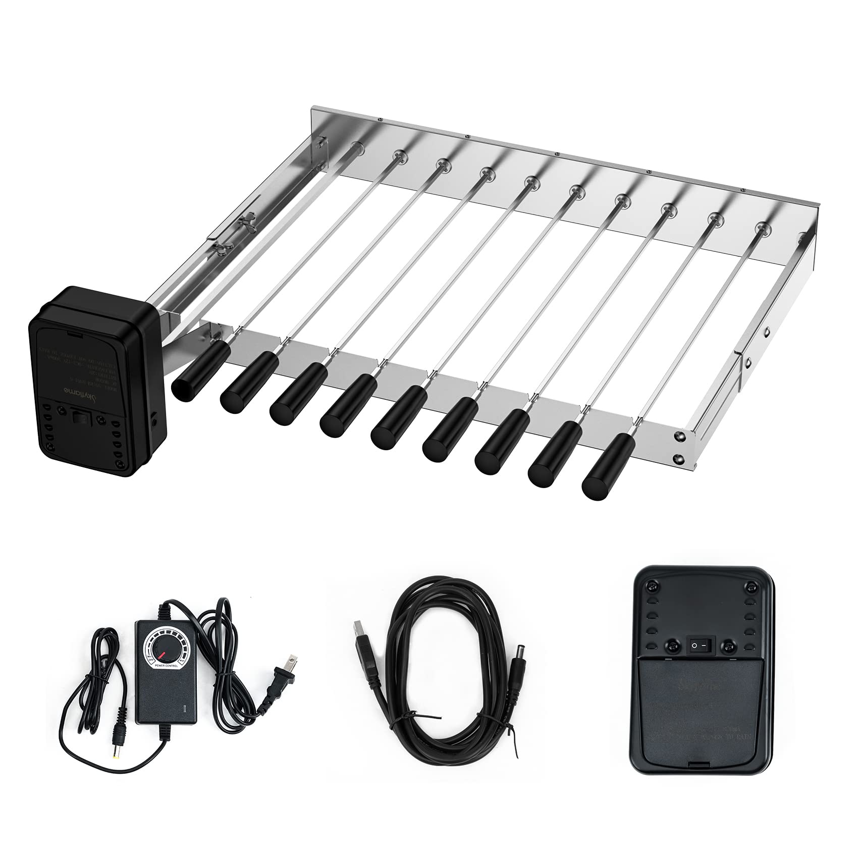 Skyflame Stainless Steel Electric Barbecue Shish Kabob Skewer Set With 9Pcs Skewers, Automatic Rotating Skewer Turner With Adjus