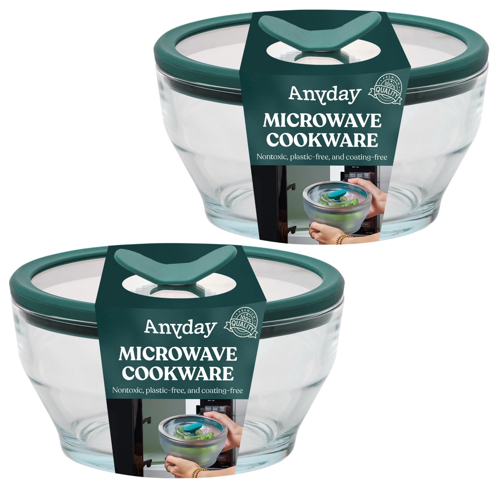 Anyday 2-Pack (4-Cup Deep) Glass Food Storage with Glass Lids | Plastic-Free Meal Prep & Microwave Cookware | Stackable Airtight