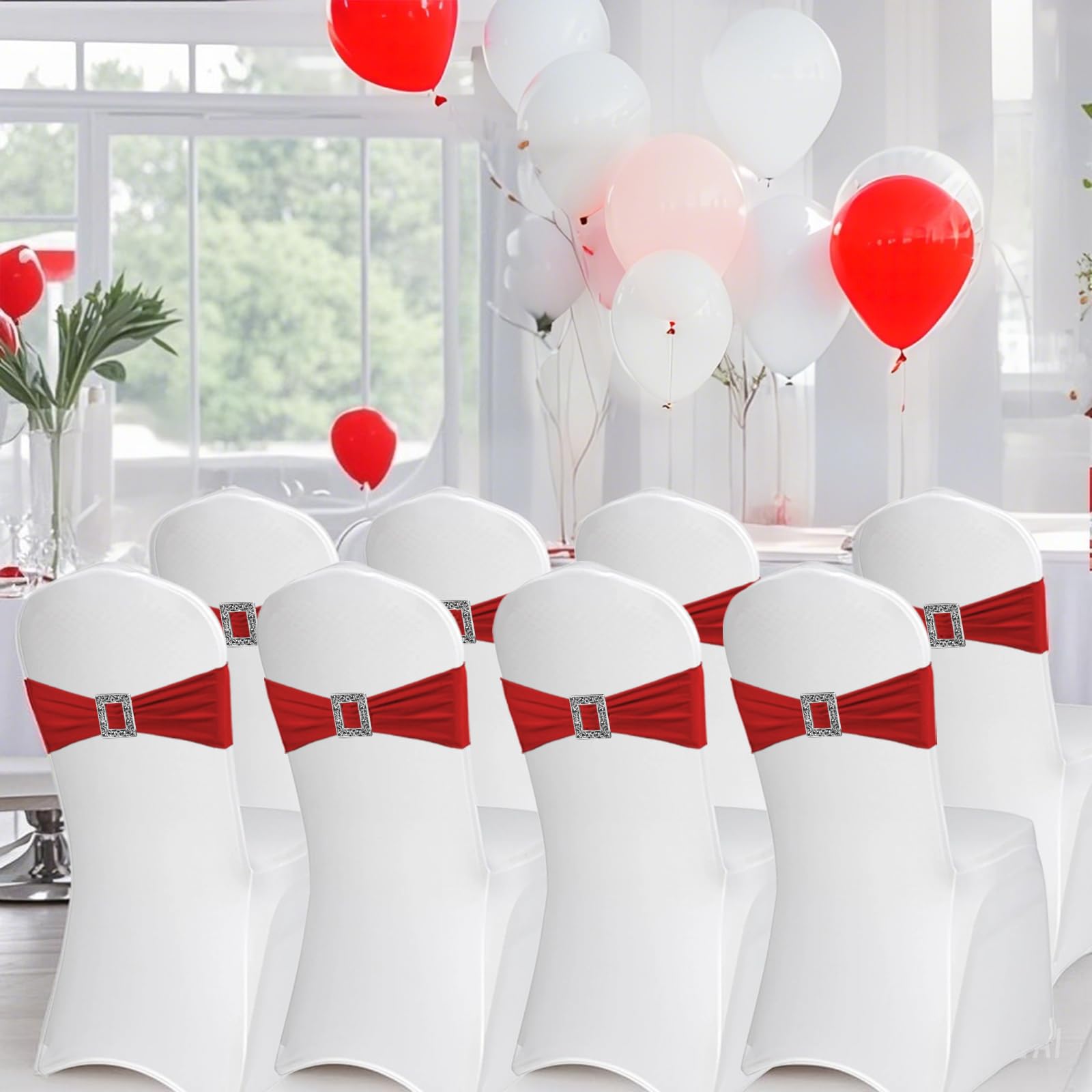 PWDAN 100 Pack Spandex Stretch Red Chair Sashes Bows, Elastic Chair Cover Bands Ties with Buckle Slider for Wedding Party Banque
