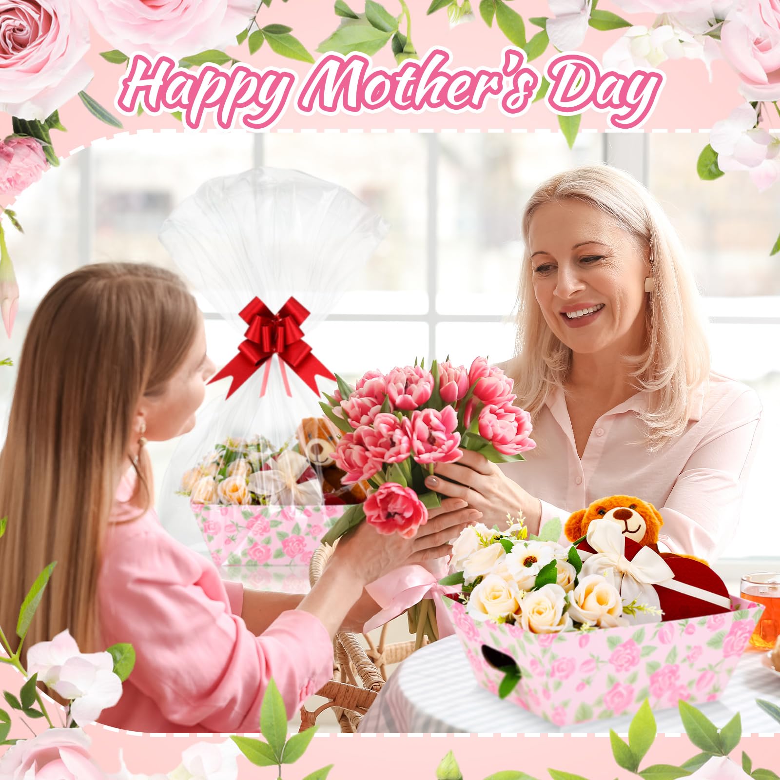 Skyygemm 6 Pcs 9.8 X 6.5Inch Mother'S Day Basket For Gifts Empty With Cellophane Basket Bags And Ribbons Bows To Fill Sturdy Emp