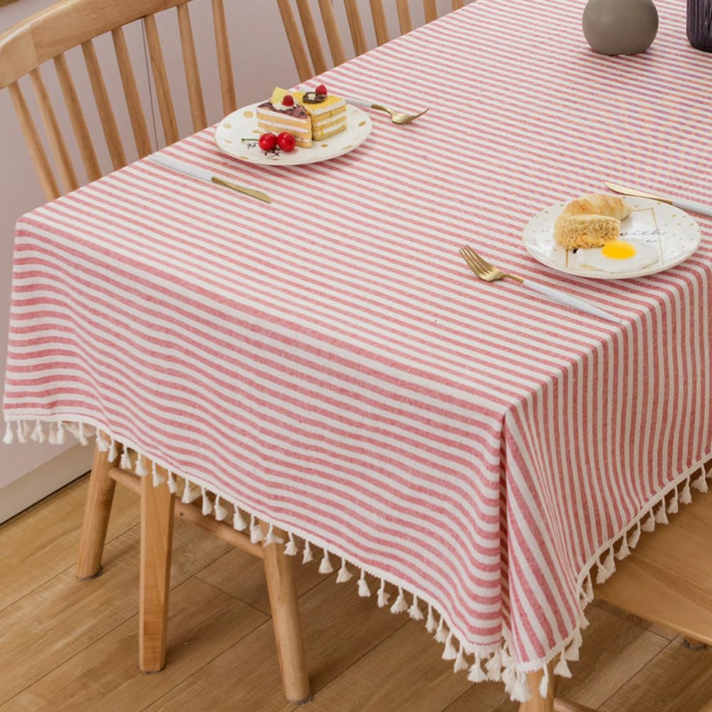 Trudelve Cotton Linen Table Cloth Stripe Tassel Rectangle Tablecloth Dust-Proof Table Cover For Kitchen Dinning Tabletop Decorat