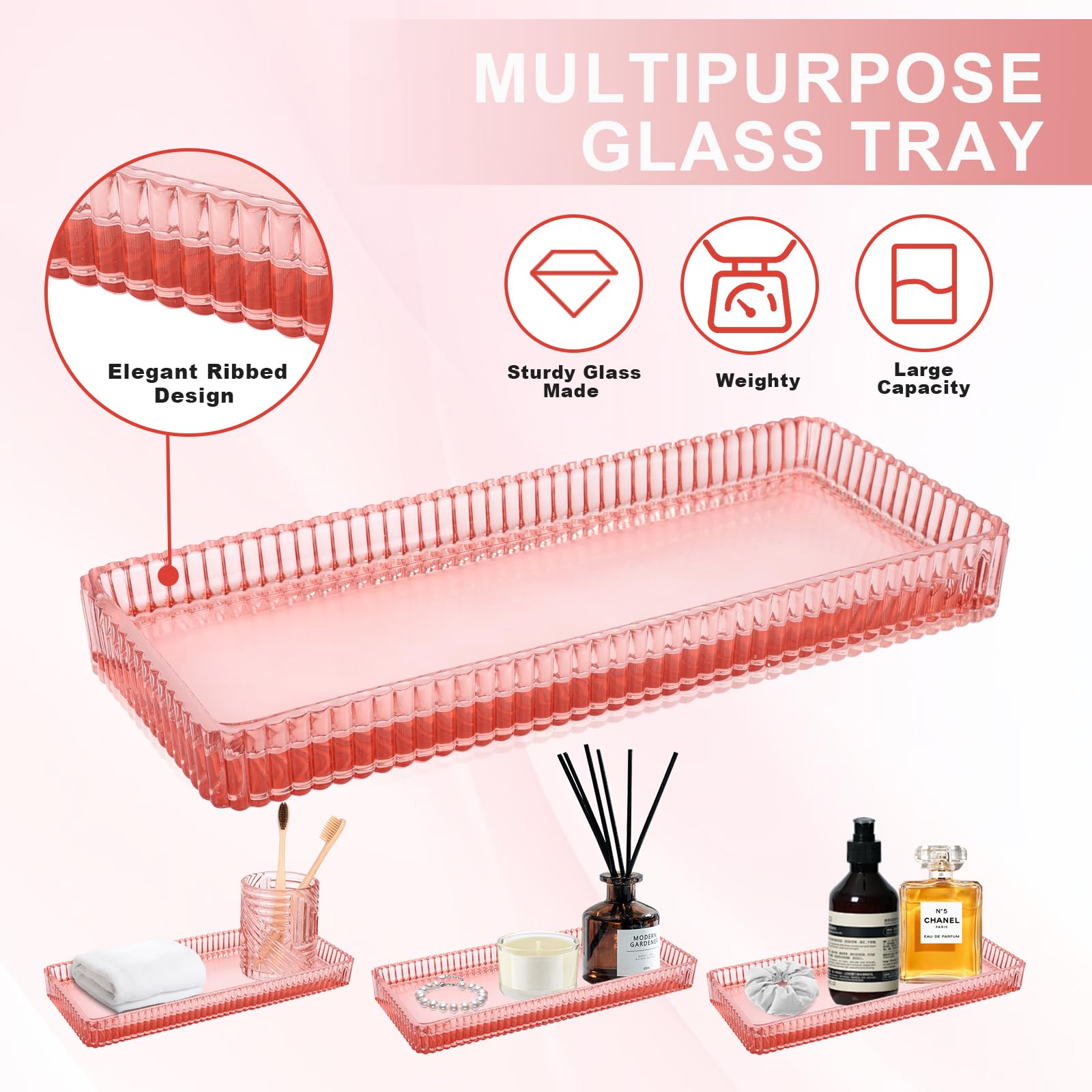 Bathroom Accessories Set,4 Pcs Pink Glass Bathroom Accessories Sets Complete With Lotion Soap Dispenser,Toothbrush Holder,Qtip H