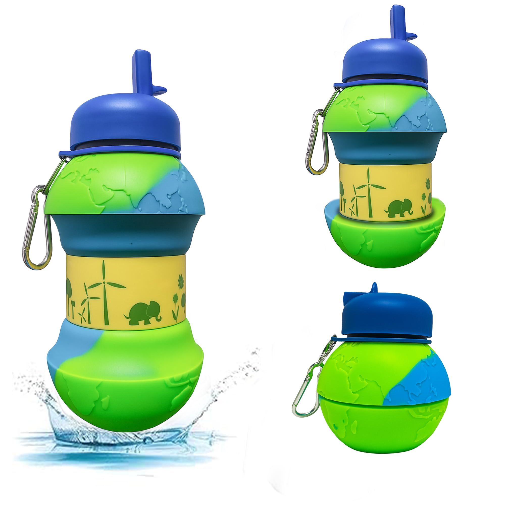 Jukusa Globe Design Collapsible Water Bottle 550Ml. | Bpa-Free Silicone, Leak-Proof Spout, Food Grade, With Carabiner Clip For G