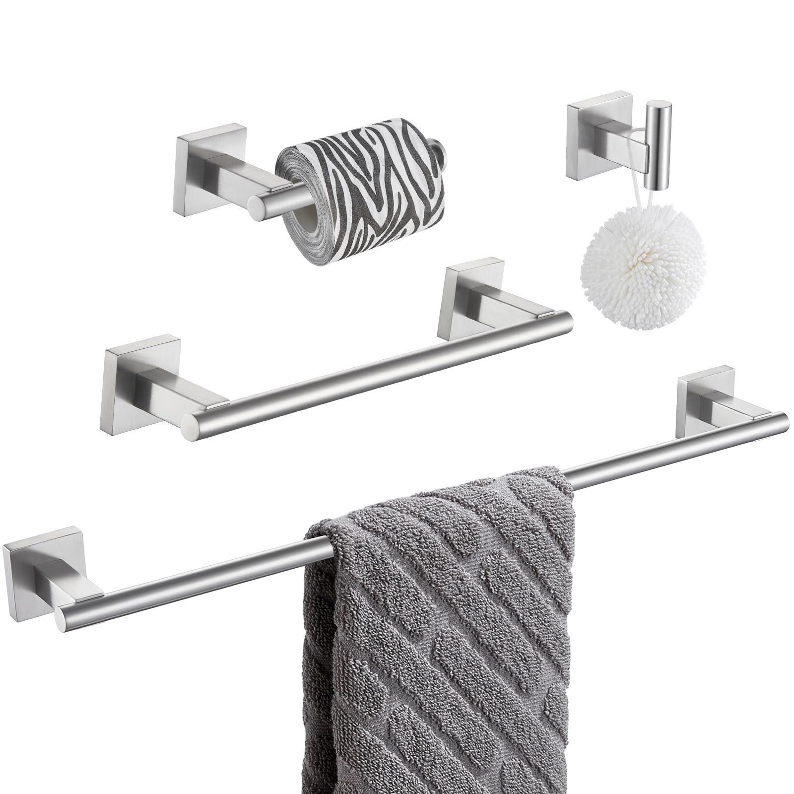 Suyar Bathroom Hardware Set Brushed Nickel, 304 Stainless Steel Bathroom Accessories 4 Pieces, Include Robe Hook, Toilet Paper H