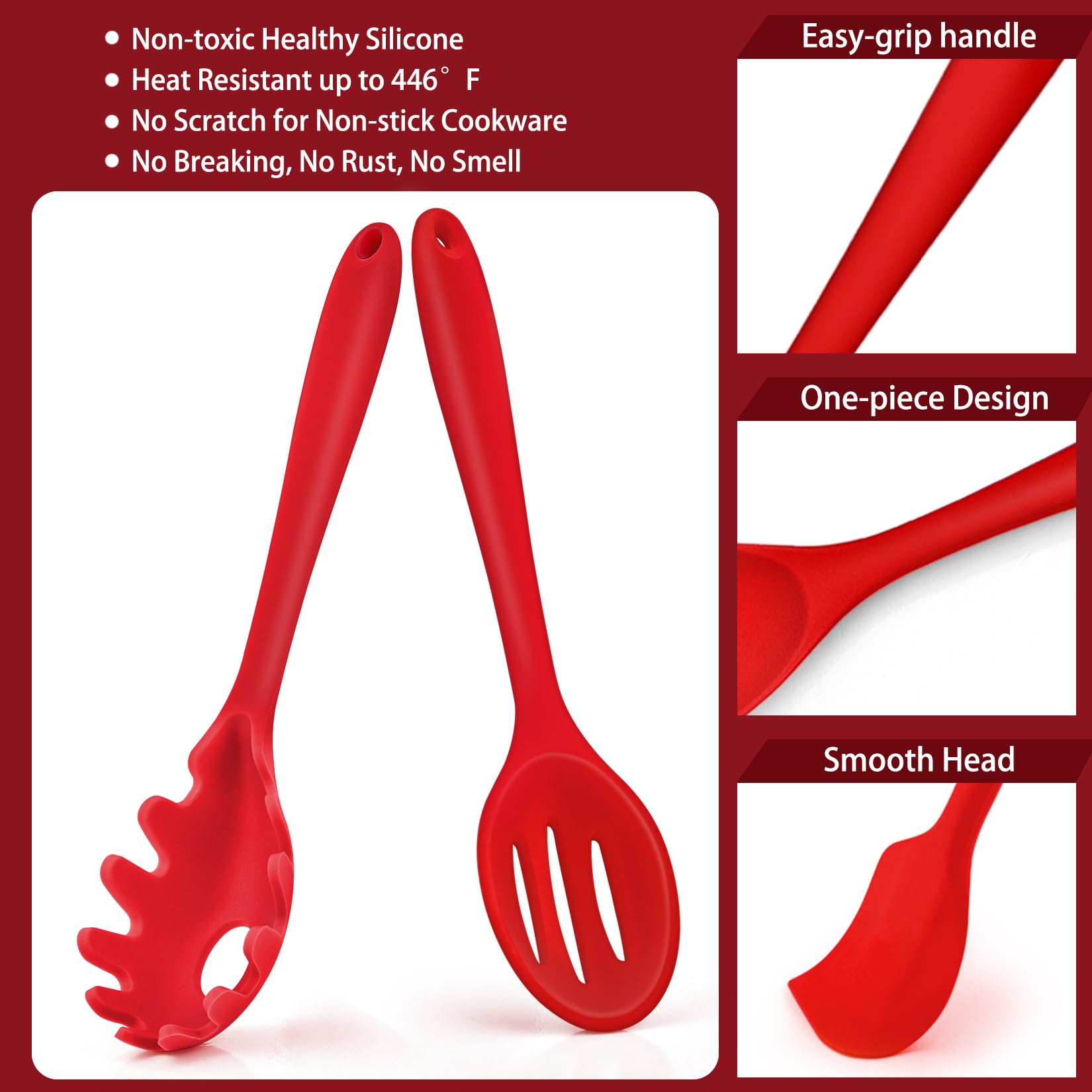 Kitchen Utensil Set Of 7, P&P Chef Silicone Cooking Utensils, Red Kitchen Tools Spatula Set For Nonstick Cookware Cooking Servin