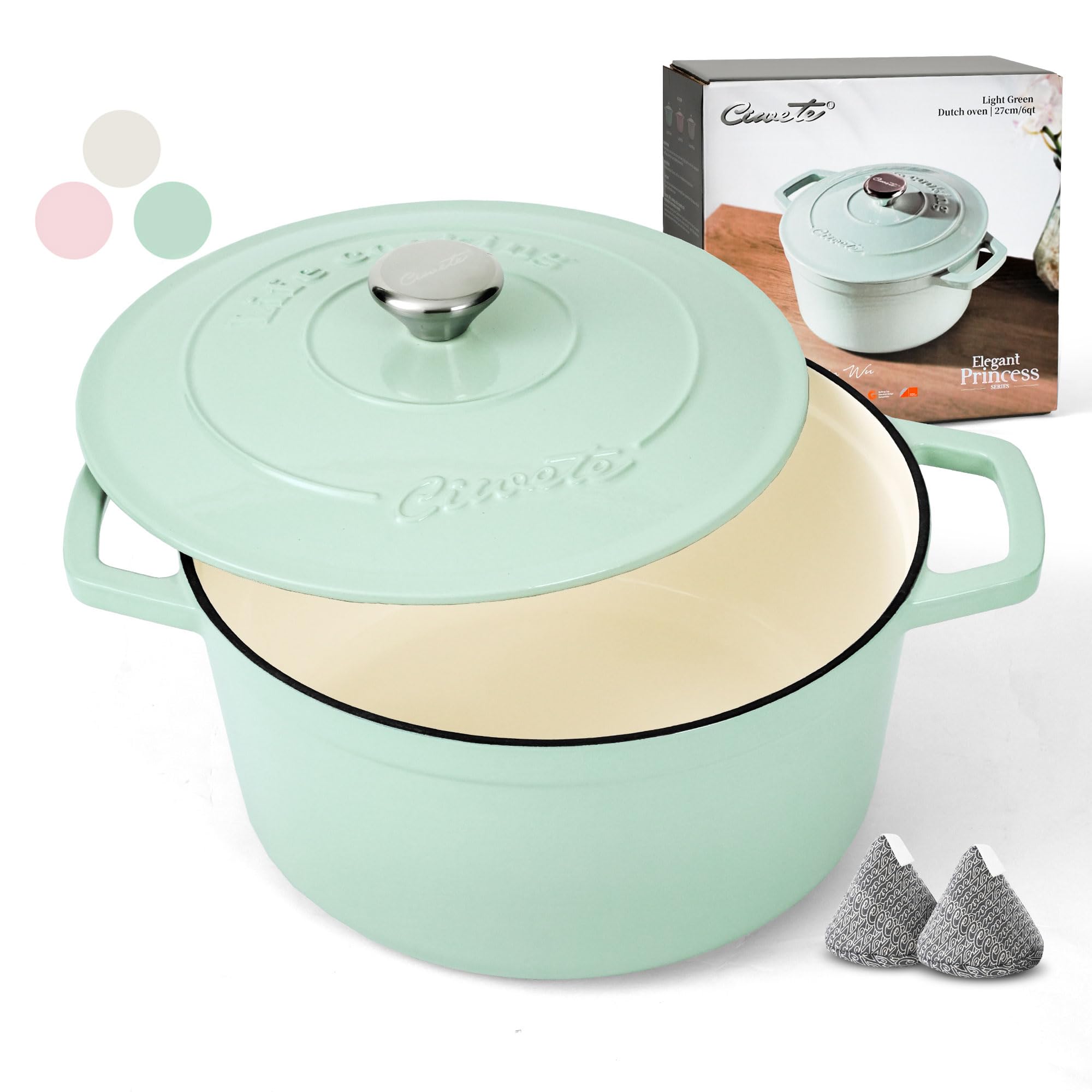 6Qt Enameled Cast Iron Dutch Oven, Dutch Oven Pot With Lid For Bread Making, Braiser, Cooking, Dual Handles, Green
