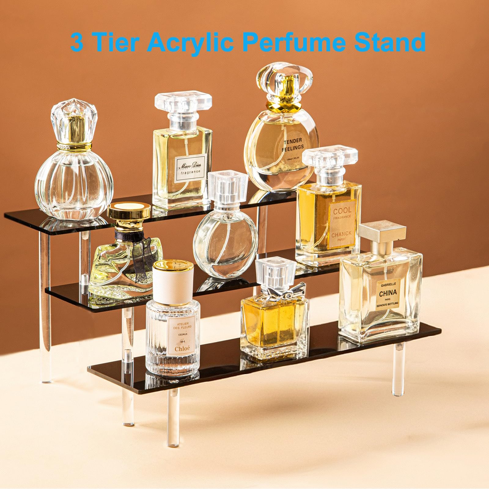 HENABLE 3 Tier Perfume Organizer Stand, Black Acrylic Risers Display Stands, Cologne Shelf Dessert Display for Party, Figure Sta