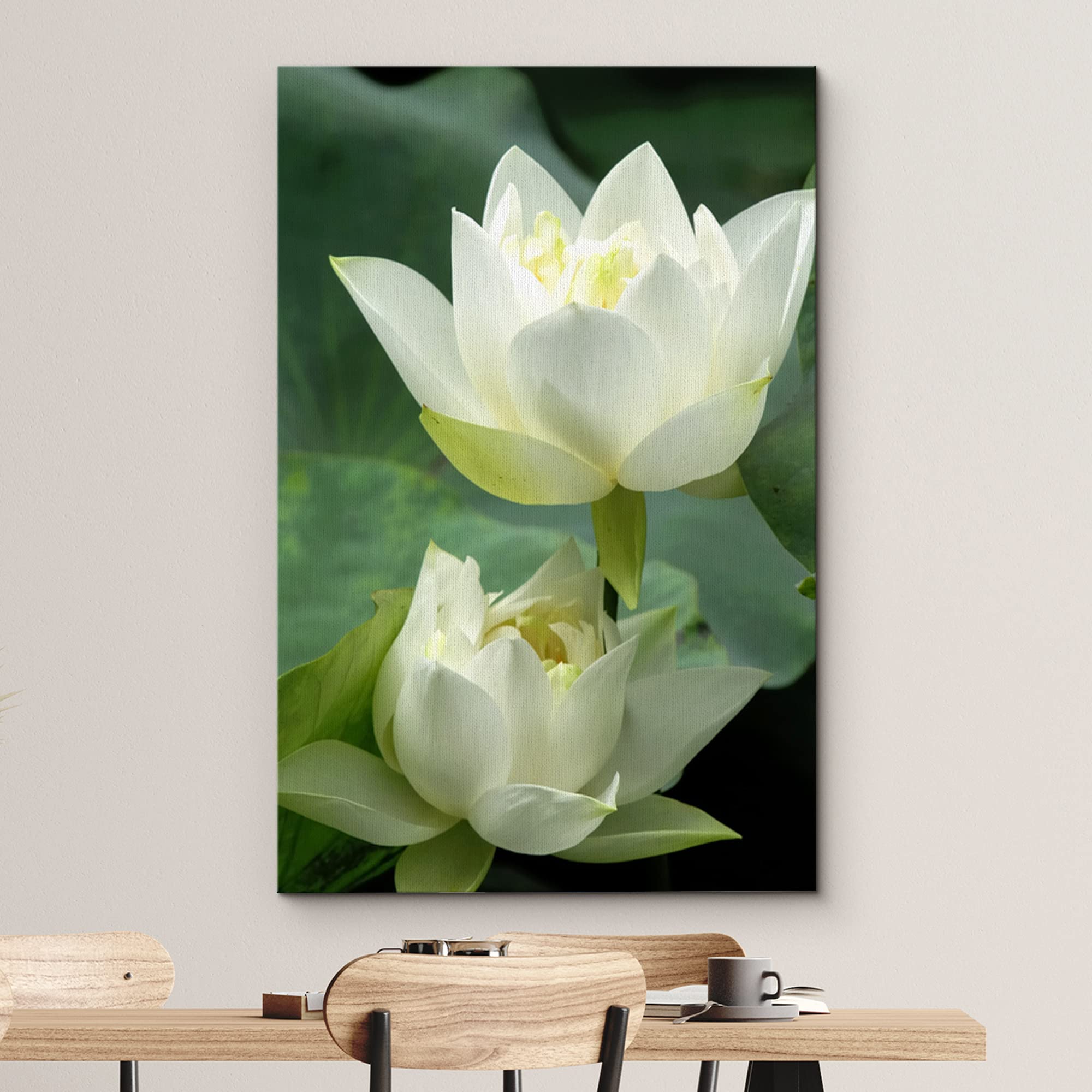 Canvas Prints Wall Art - White Lotus Flower And Green Lotus Leaf | Modern Wall Decor/Home Art Stretched Gallery Wraps Giclee Pri