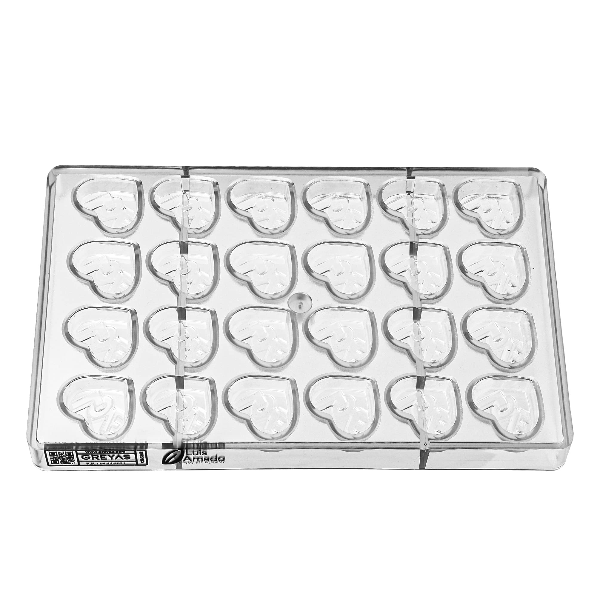 Greyas Cm 3841 Louis Amado Clear Polycarbonate Chocolate Mold Candy Mould With 24 Love-Heart Cavities, Each 38Mm X 32Mm X 11.4Mm