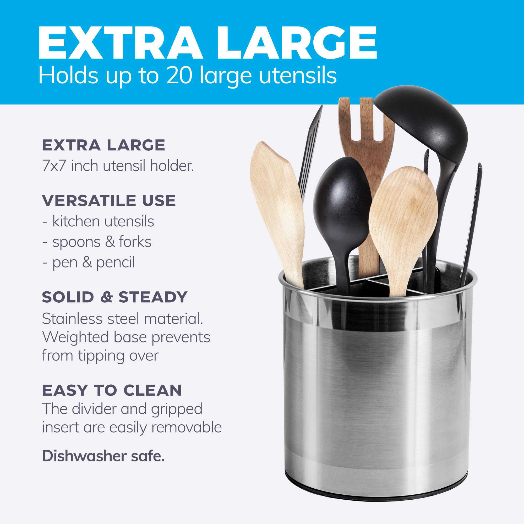 Cooler Kitchen Rotating Extra Large Stainless Steel Utensil Holder Caddy With Sturdy No-Tip Weighted Base, Removable Divider, An