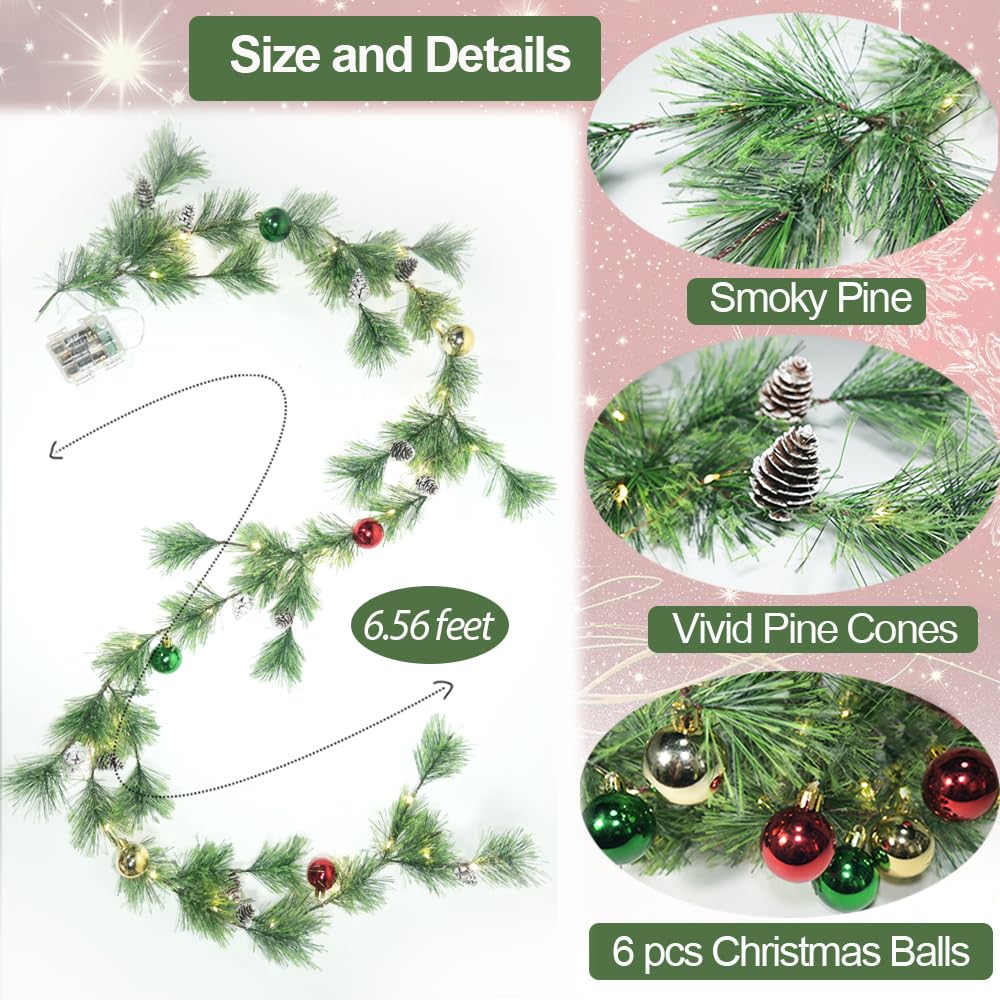 Christmas Garland Lights with Christmas Balls 6.56FT 30 LED Fairy Lights Battery Operated Smokey Pine Garlands with Pine Cones G