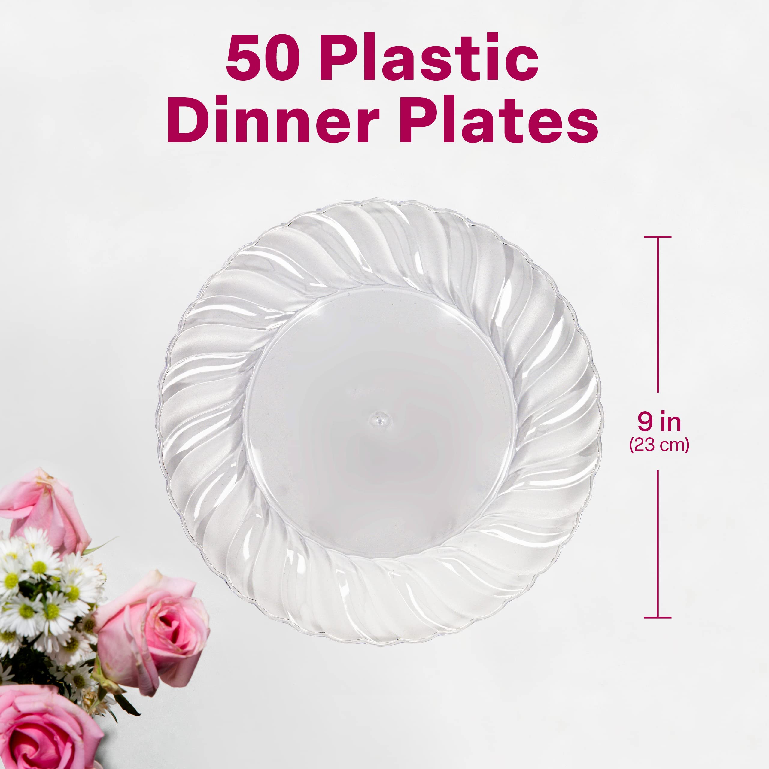 Aya'S Cutlery Kingdom 50 Clear Plastic Plates 9 - Heavy-Duty Round Disposable Plates For Parties, Events, And Weddings - Elega