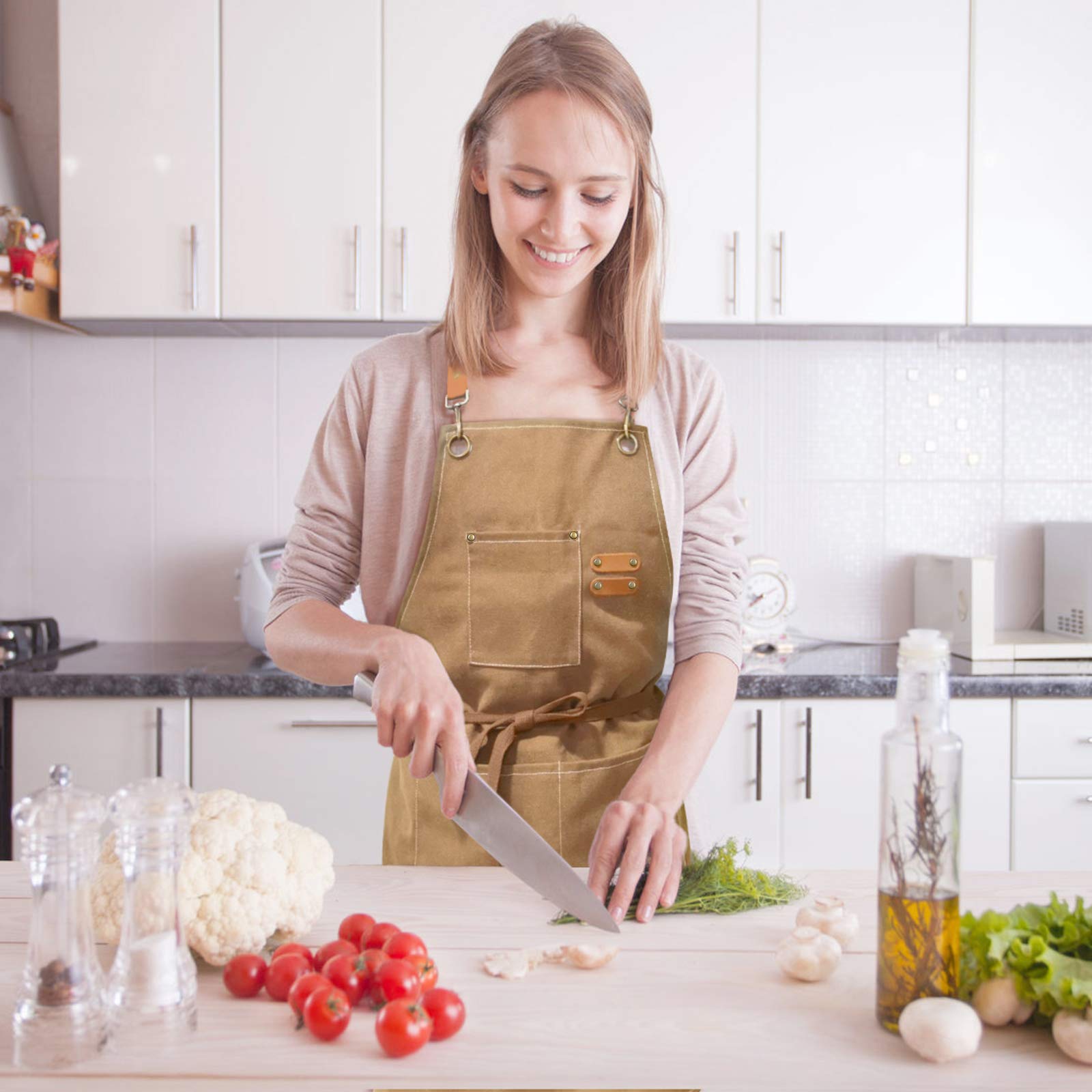 Zomao Chef Apron, Cotton Canvas Cross Back Apron With Pockets For Women And Men,Adjustable Strap And Large Pockets Apron,Kitchen