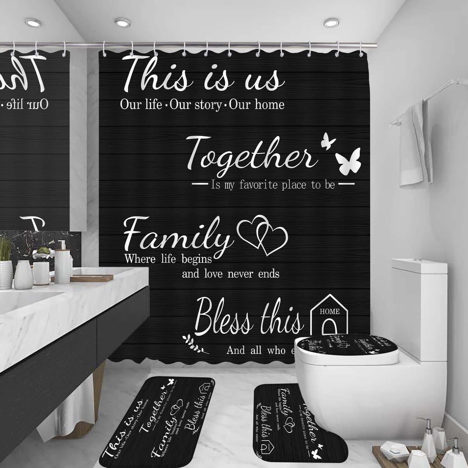 Juwute 4Pcs Family Shower Curtain Sets With Non-Slip Rugs, Toilet Lid Cover And Bath Mat, Black Home Bathroom Decor Set Accessor