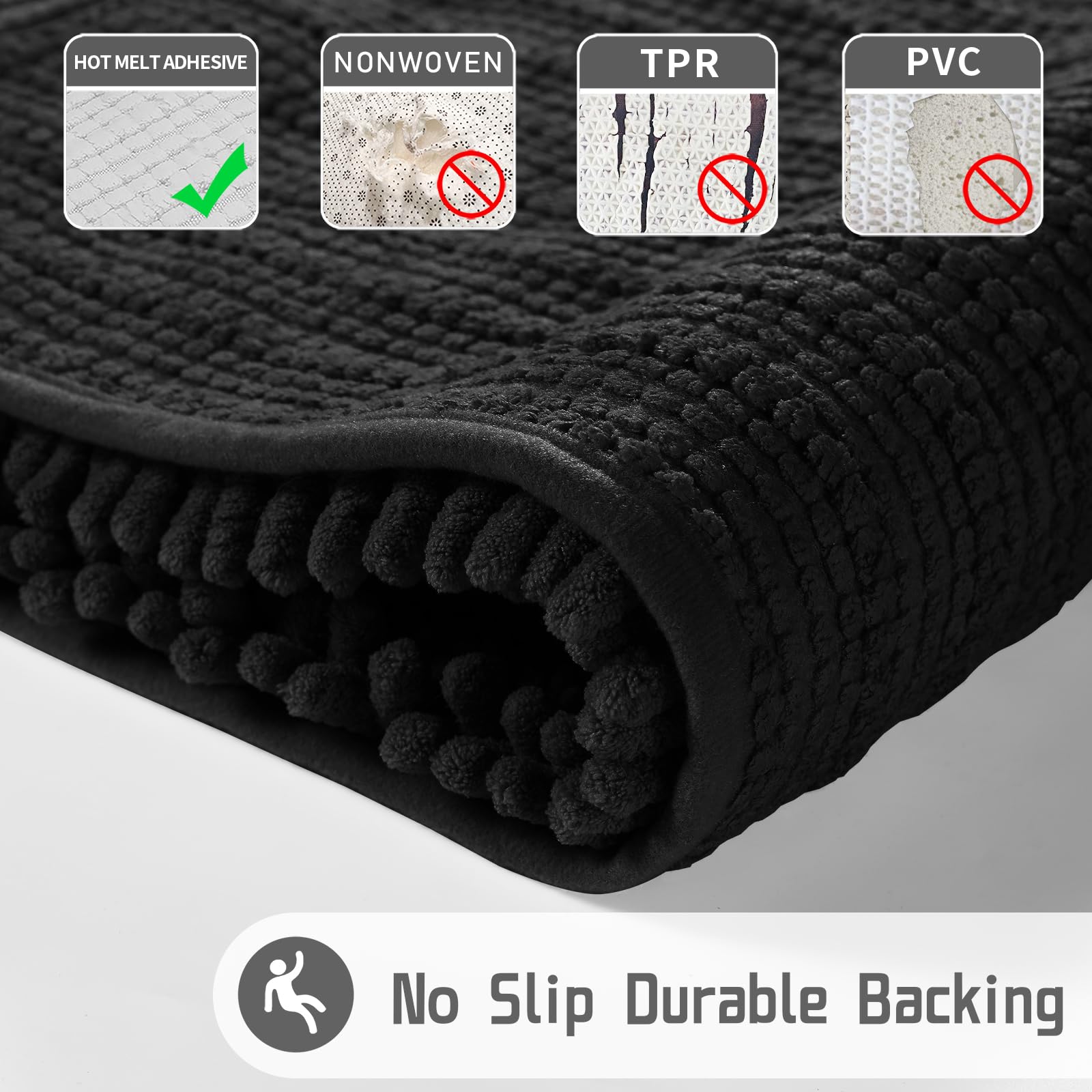 Yimobra Original Luxury Chenille Bath Mat  55.1 x 24 Inches  Soft Shaggy and Comfortable  Large Size  Super Absorbent and Thick  Non-Slip  Machine Washable  Perfect for Bathroom  Black