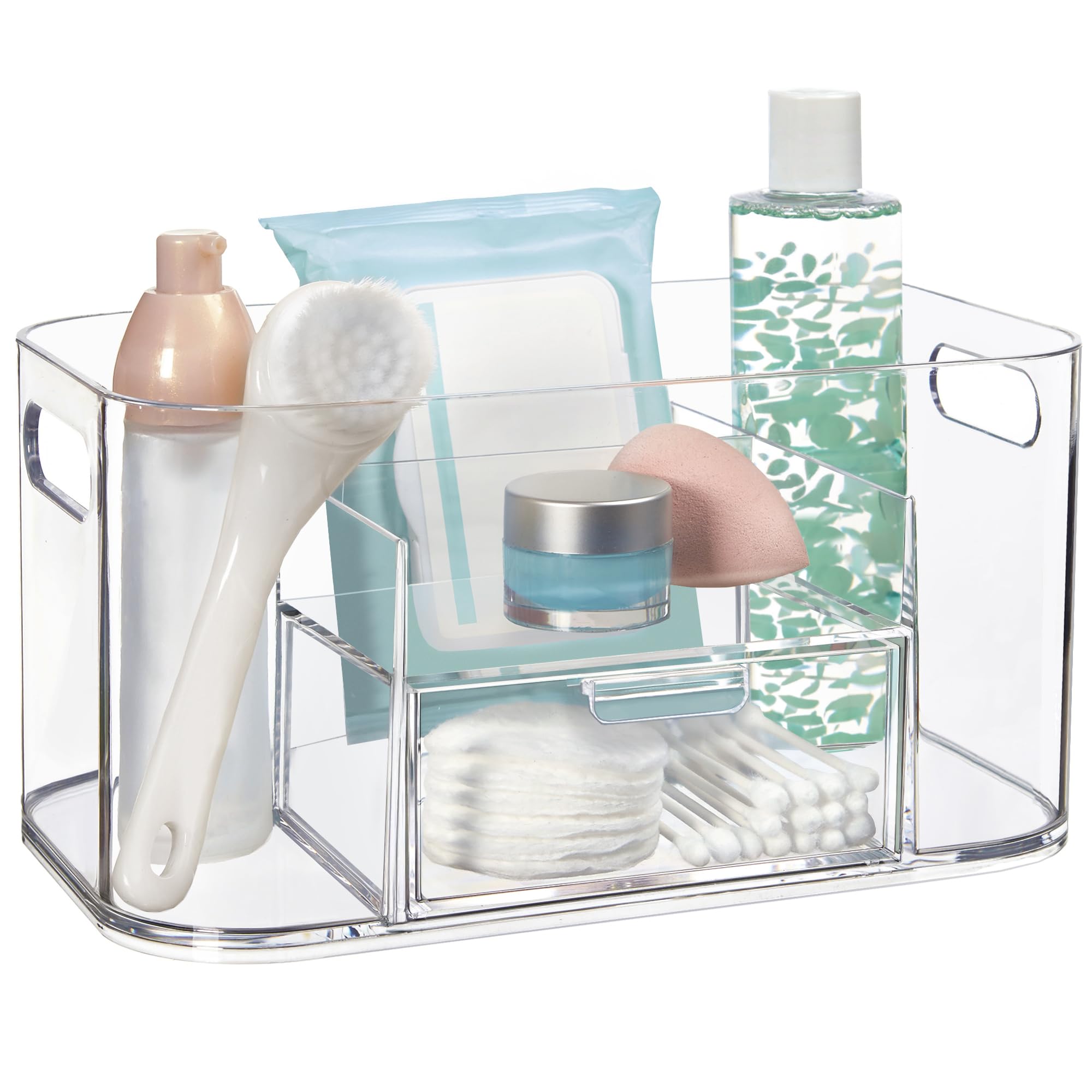 STORi Bliss 4-Compartment Plastic Vanity Organizer with Small Accessory Drawer in Clear | Rectangular Makeup  Skincare  & Cosmetic Storage Bin with Pass-Through Handles | Made in USA
