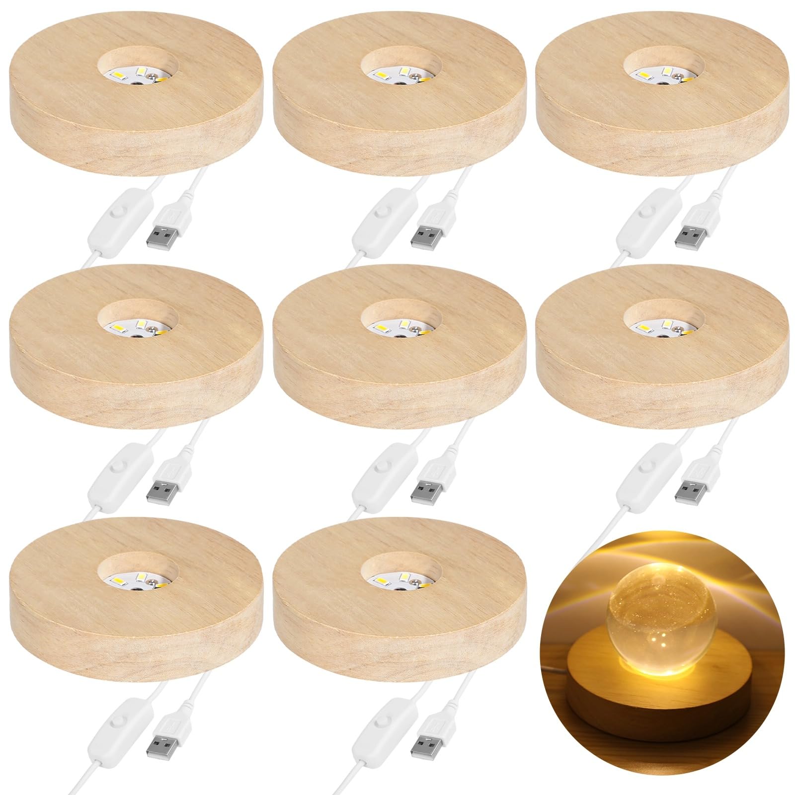 Tideme 8 PCS Wooden LED Light Bases - 3.9 Inch Diameter, 0.8 Inch Height, USB Powered, 3 Lighting Modes, Crystal Display Stand f