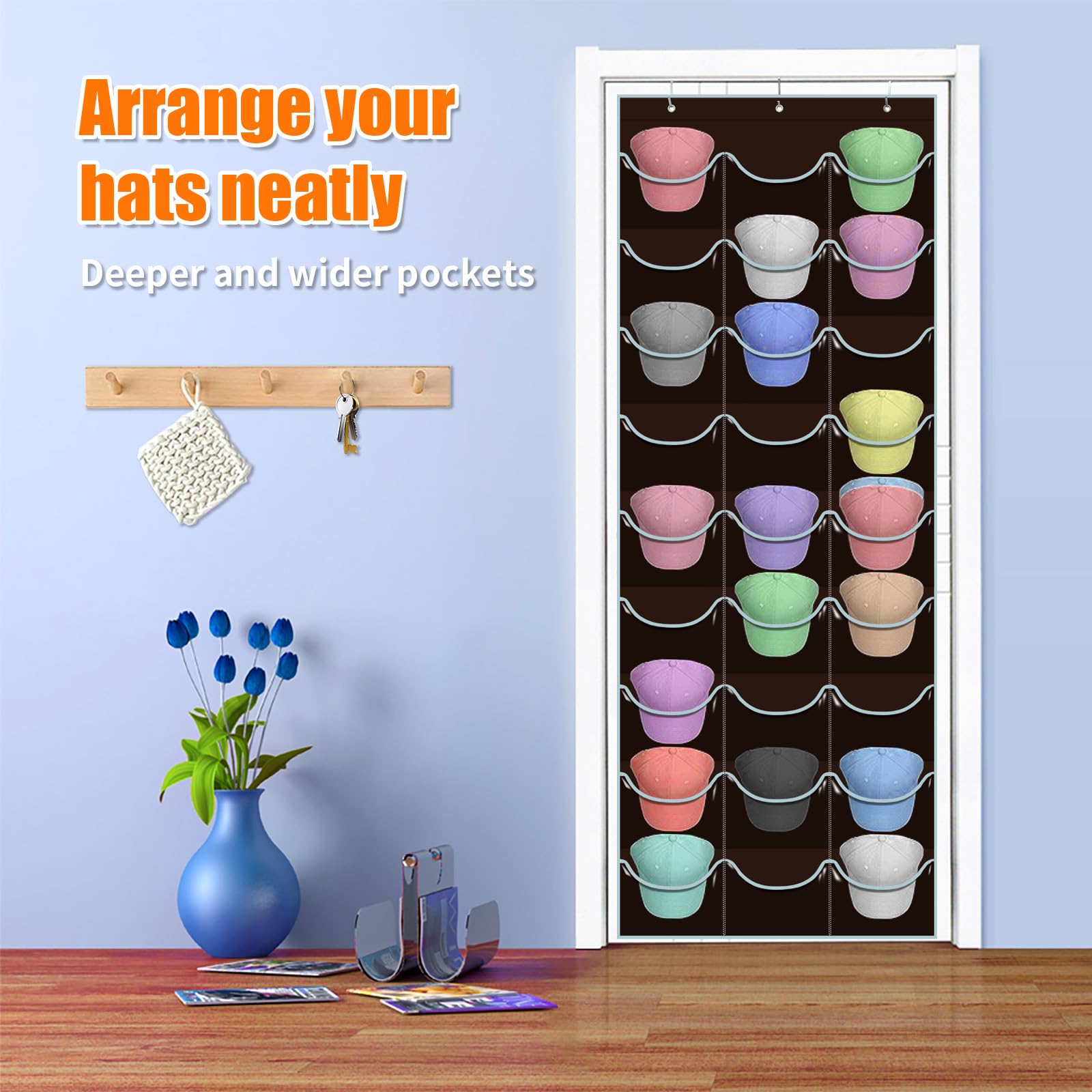 Clbutge Hat Rack For Baseball Caps, 27 Pockets Over The Door Baseball Hat Organizer, Hat Storage For Closet Wall Mount Bag With
