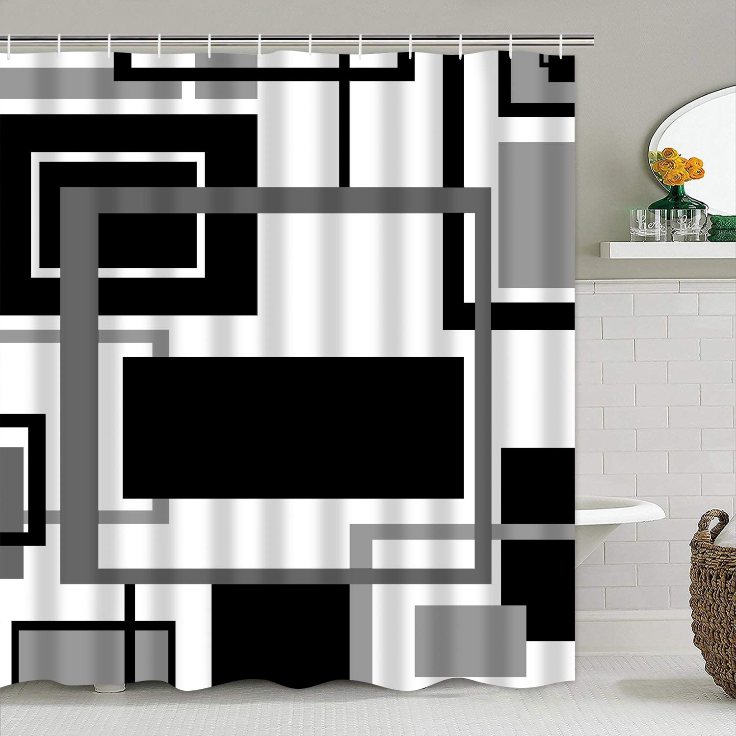 Yddsky 4 Pcs Black Geometric Shower Curtain Sets Non-Slip Bath Rugs  Toilet Cover  U-Shaped Mat  Abstract Geometric Modern Shower Curtain with 12 Hooks  Black and White Bathroom Set