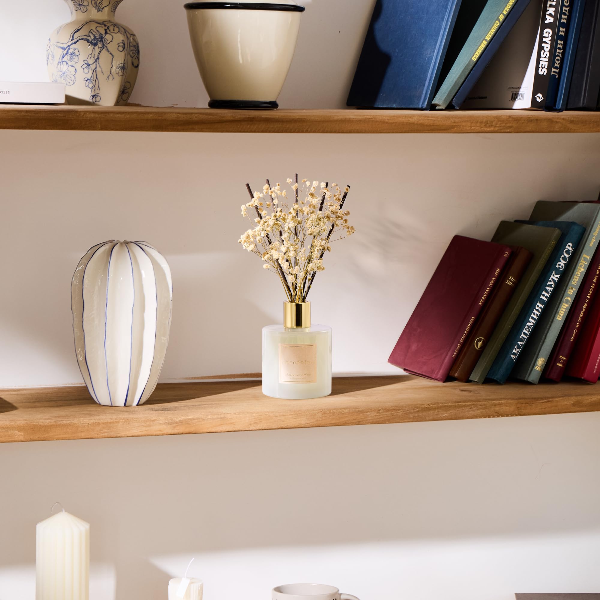 COCORR  NA Reed Diffuser - Moroccan Amber 6.7 Fl.oz Reed Diffuser Set with Sticks & Preserved Babys Breath, Reed Diffuser for H