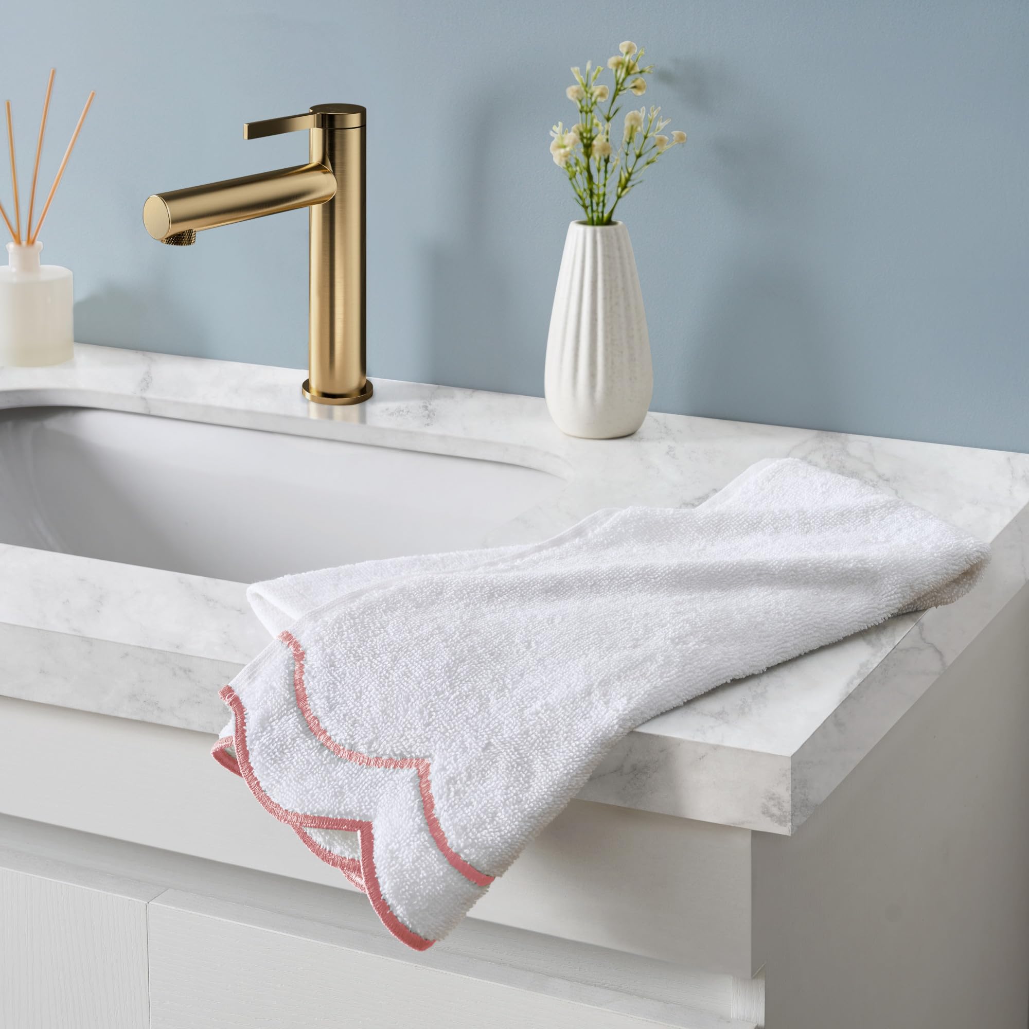 Peri Home 100% Cotton Hand Towel for Bathroom, Embroidered, Soft & Absorbent, 500 GSM, 1 Piece, 16 x 27, White with Blush Scallo