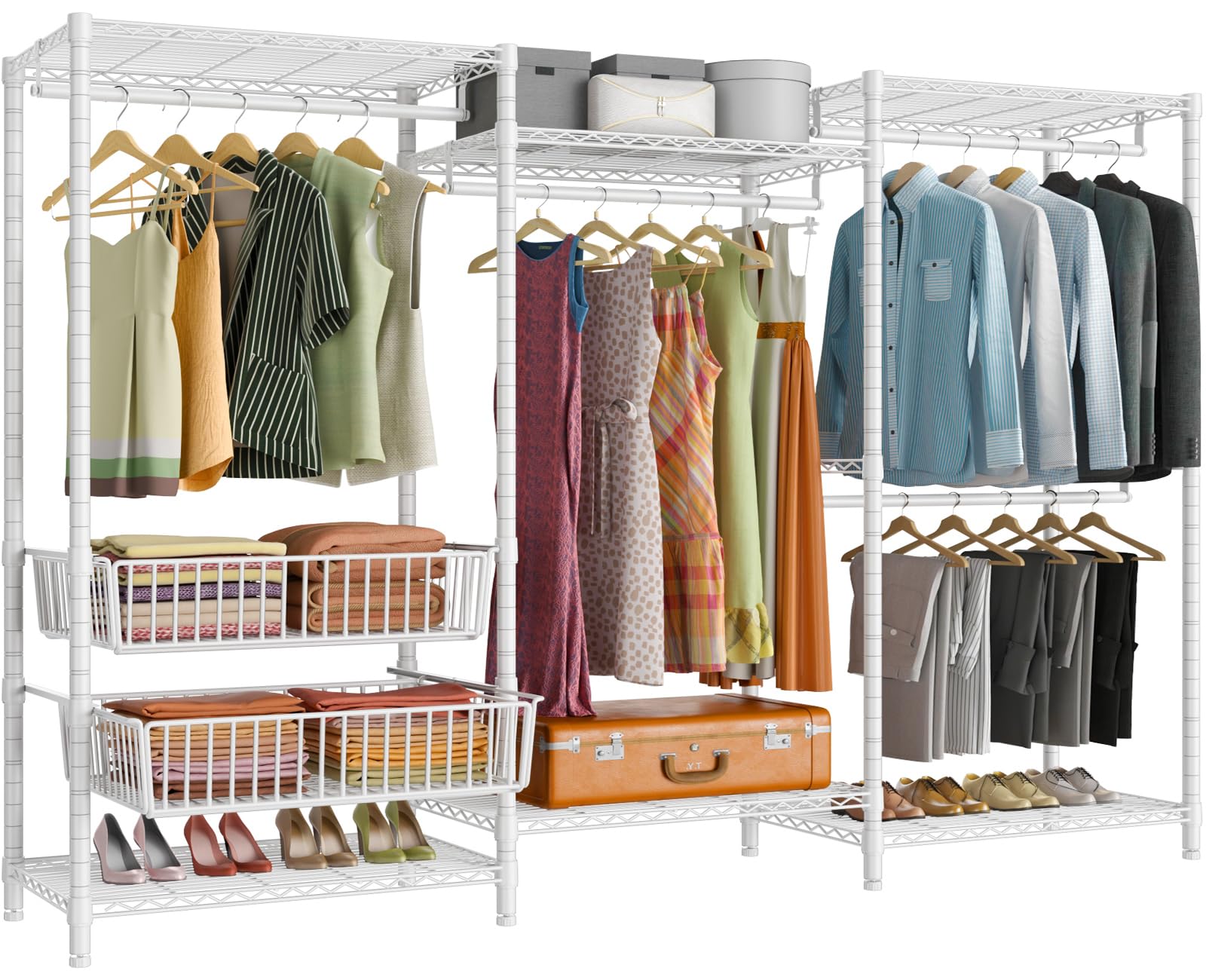 VIPEK V10 Wire Garment Rack 5-Tiers Heavy Duty Clothes Rack Large Size Clothing Rack with 4 Hanging Rods  6 Wire Shelves and 2 Slid Baskets  85.8 '' W x 15.7 '' D x 76.4 '' H  Max Load 800 LBS  White
