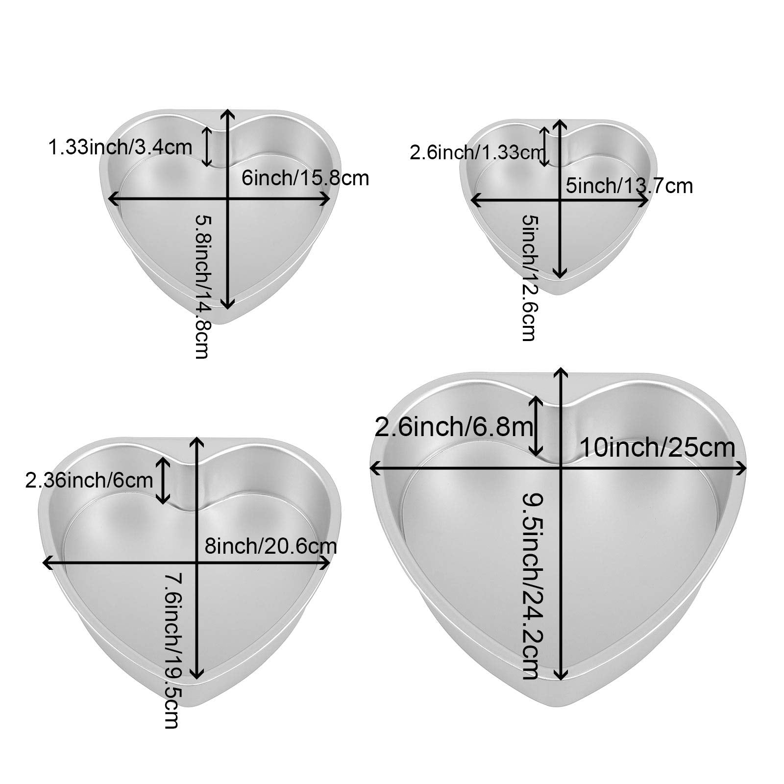 ZOENHOU Heart Shaped Cake Pans Set - 4 PCS Aluminum Non-Stick Baking Molds, 5" 6" 8" 10", Silver, Removable Bottom