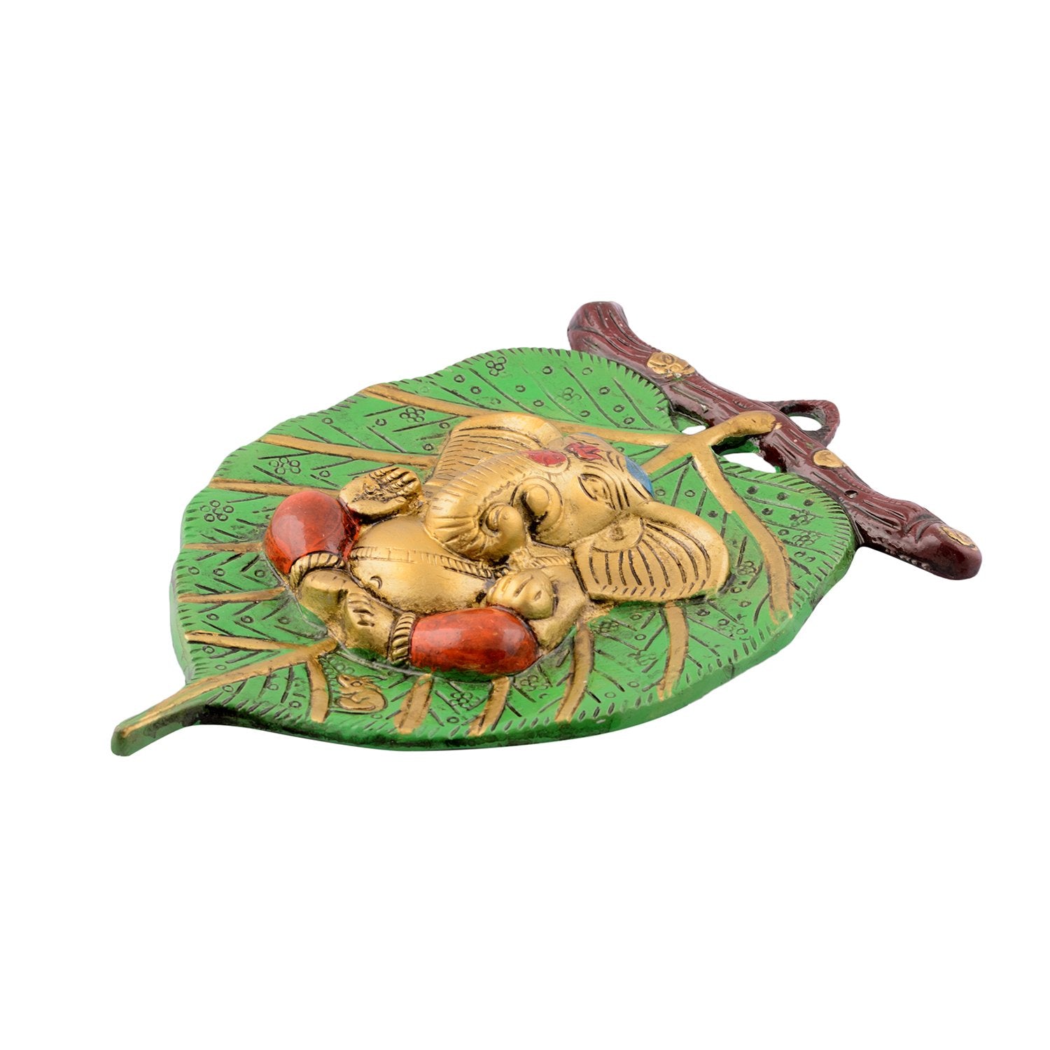 eCraftIndia Golden Metal Lord Ganesha in Red Dhoti on Green Leaf Wall Hanging Decorative showpiece for Home Decor, Wall Decor, P