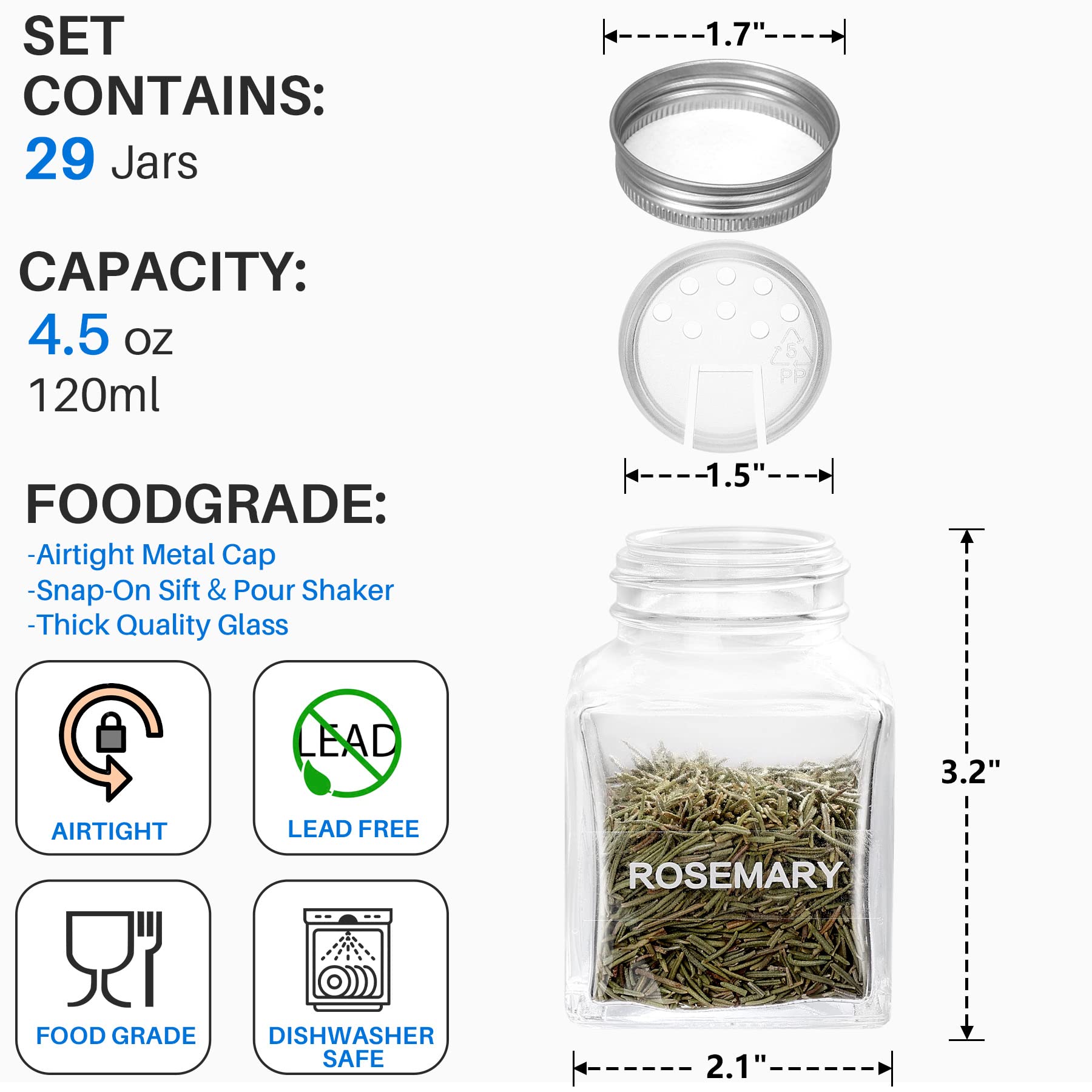 Unique Design Spice Jars With 372 Labels, 29-Pack 4.5 Oz Personalized Cubic Clear Glass Spice Jars With Shakers, Lids, Empty Squ