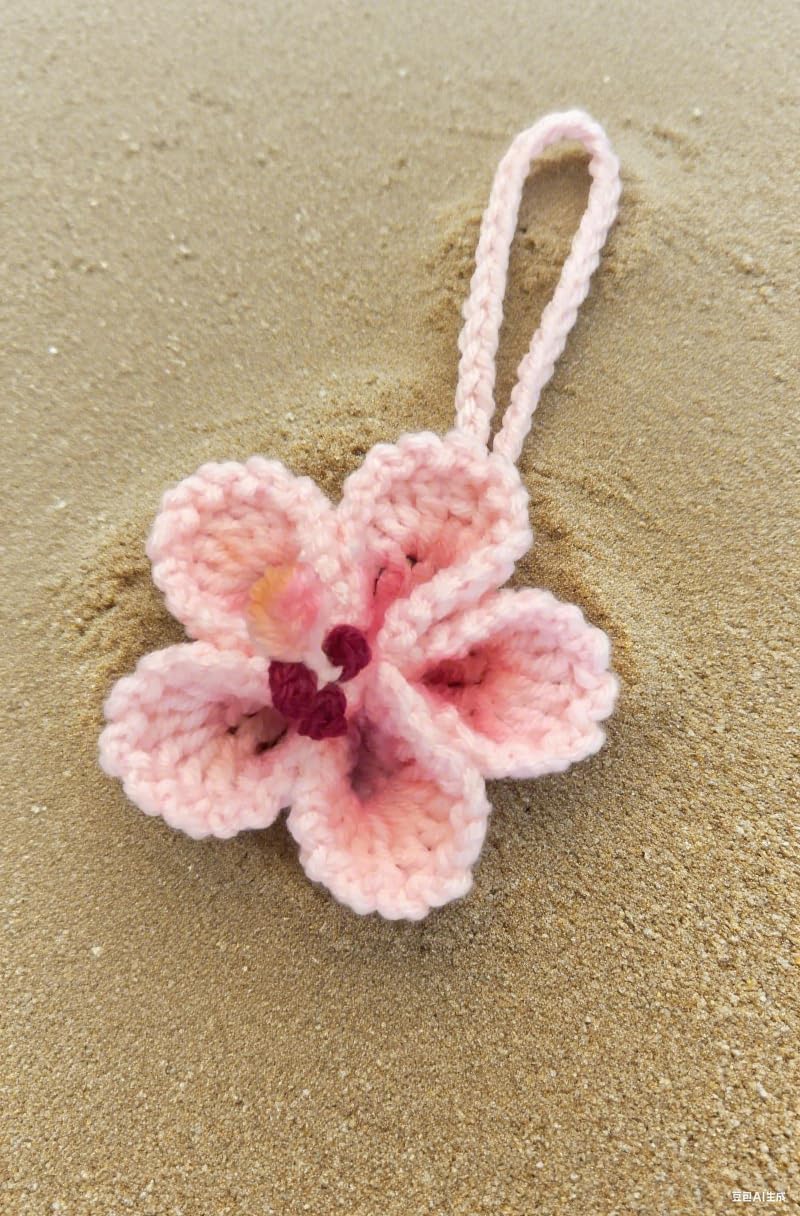 Hibiscus Flower Car Hanging Ornament,Crochet Hawaiian Tropical Flowers Bag Charms Decor Car Rear View Mirror Beach Accessories (