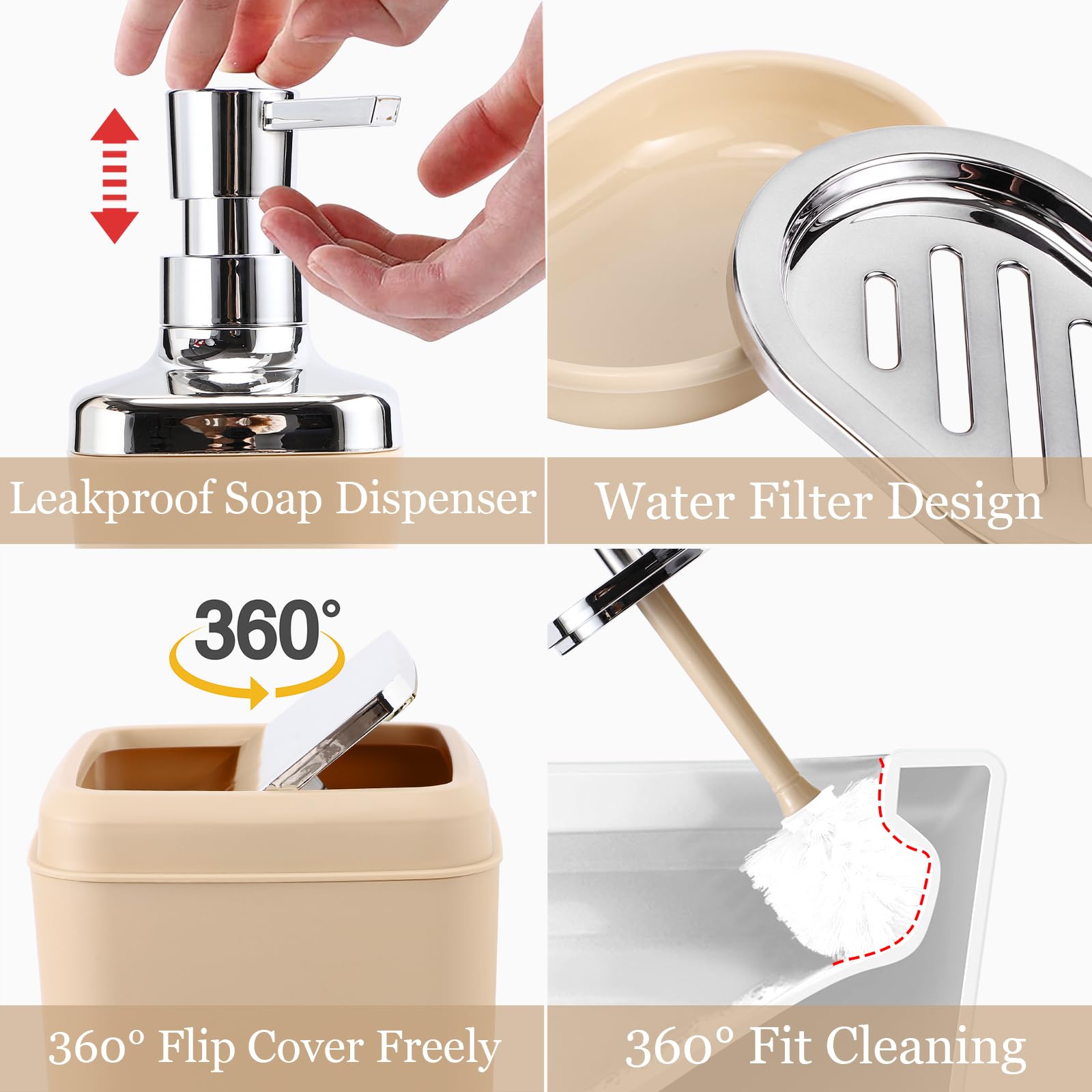 9-Piece Beige Bathroom Accessory Set, Plastic Bathroom Set With Trash Can, Soap Dispenser, Toothbrush Holder, Toothbrush Cup, So