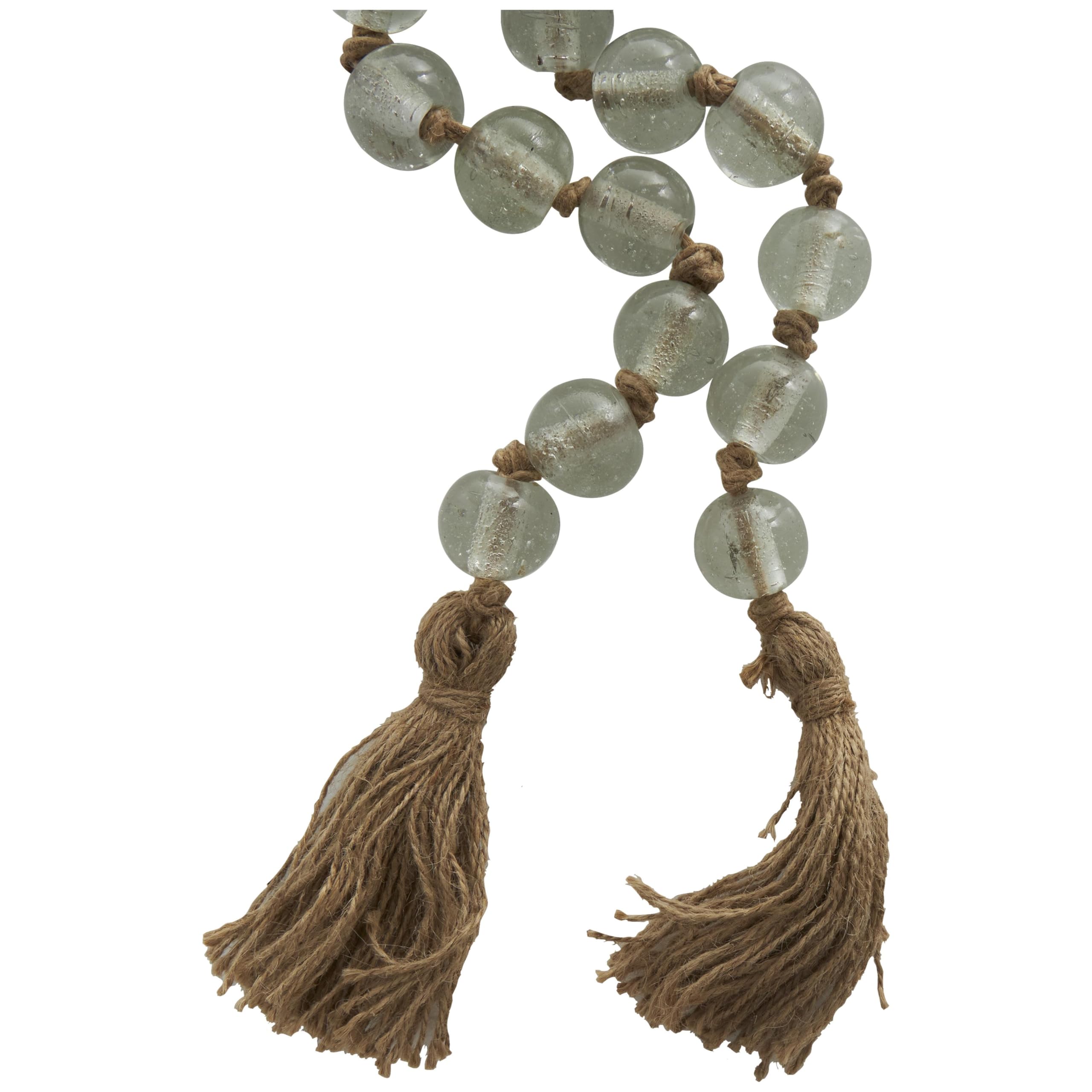 Deco 79 Glass Handmade Round Beaded Garland with Tassel with Knotted Brown Jute, 45 x 1 x 1, Clear