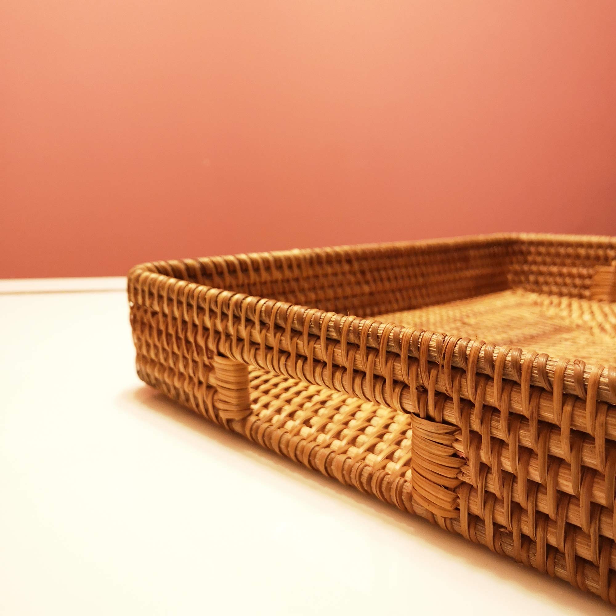 I-Lan 17 Inch Oversize Handmade Rectangular Serving Trays With Cutout Handles And 2.3    Wall,Decorative Rattan Woven Storage Ba