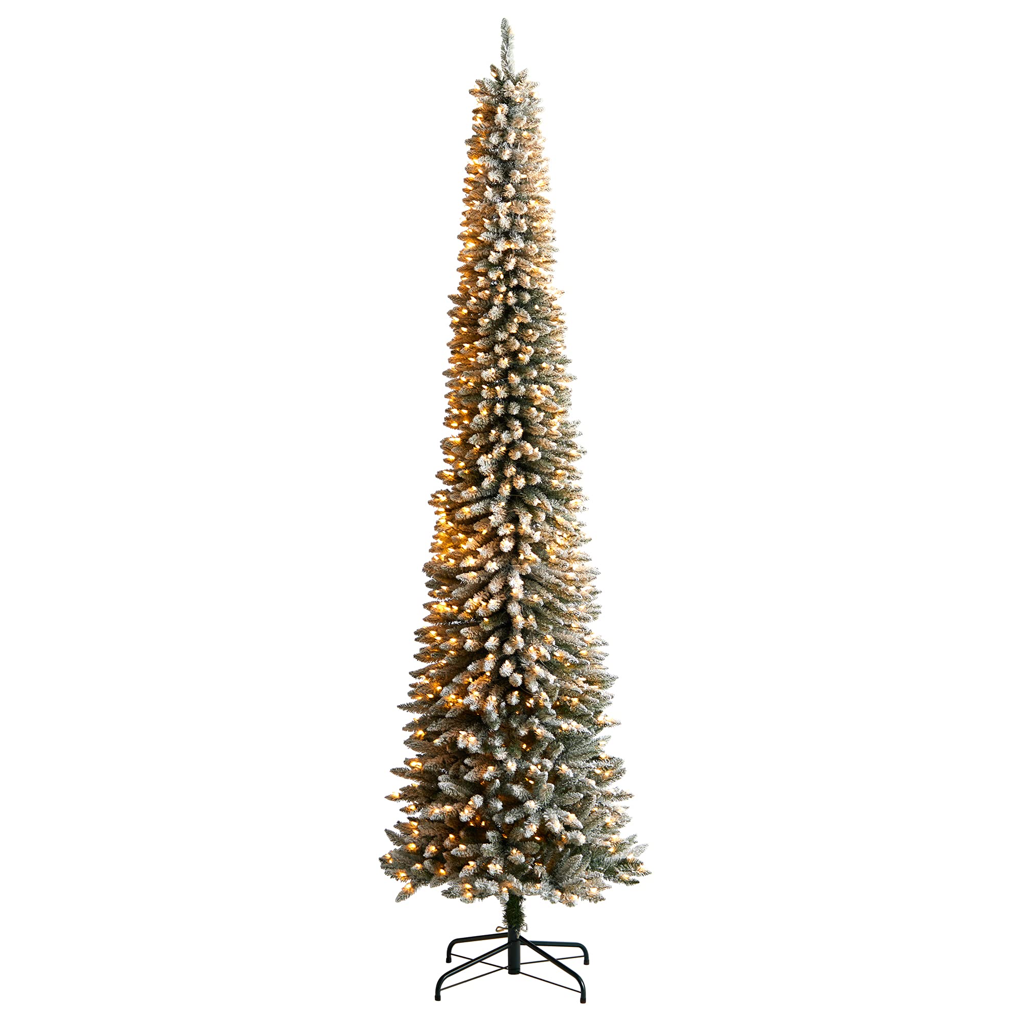Nearly Natural 10ft. Flocked Pencil Artificial Christmas Tree with 700 Clear Lights and 1145 Bendable Branches
