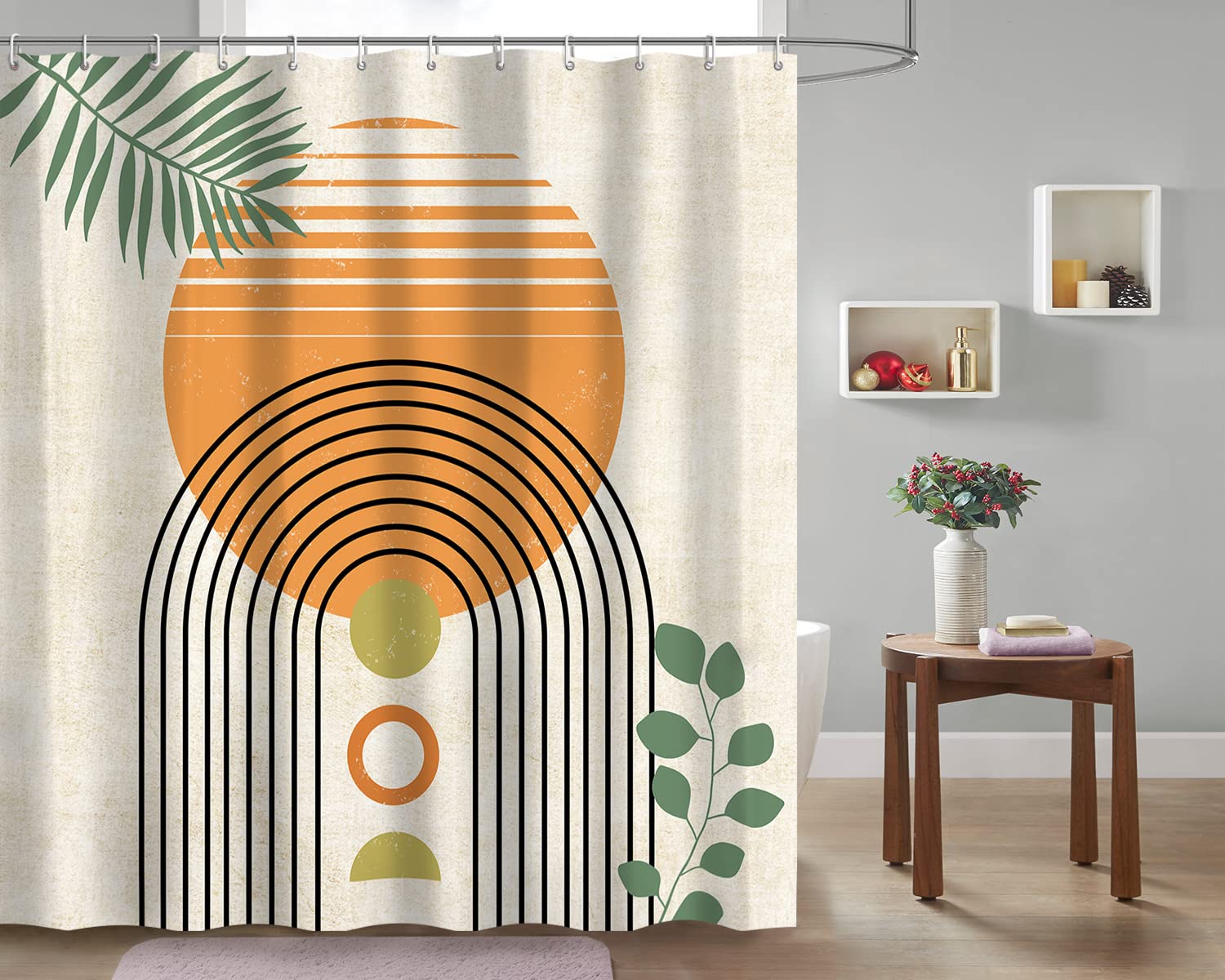 Artinme Mid Century Abstract Shower Curtain Boho Arch Sun Beige Modern Minimalistic Home Bathtubs Bathroom Curtain Decoration Se