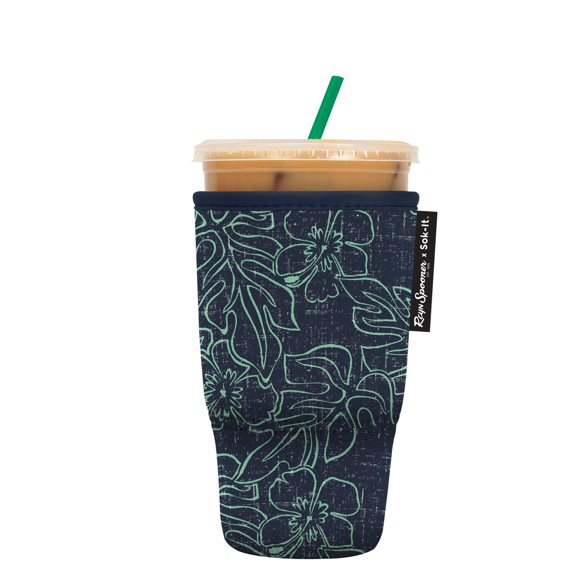 Sok It Java Sok Iced Coffee & Cold Soda Insulated Neoprene Cup Sleeve (Reyn Spooner Monstera Ink, Large: 30-32oz)