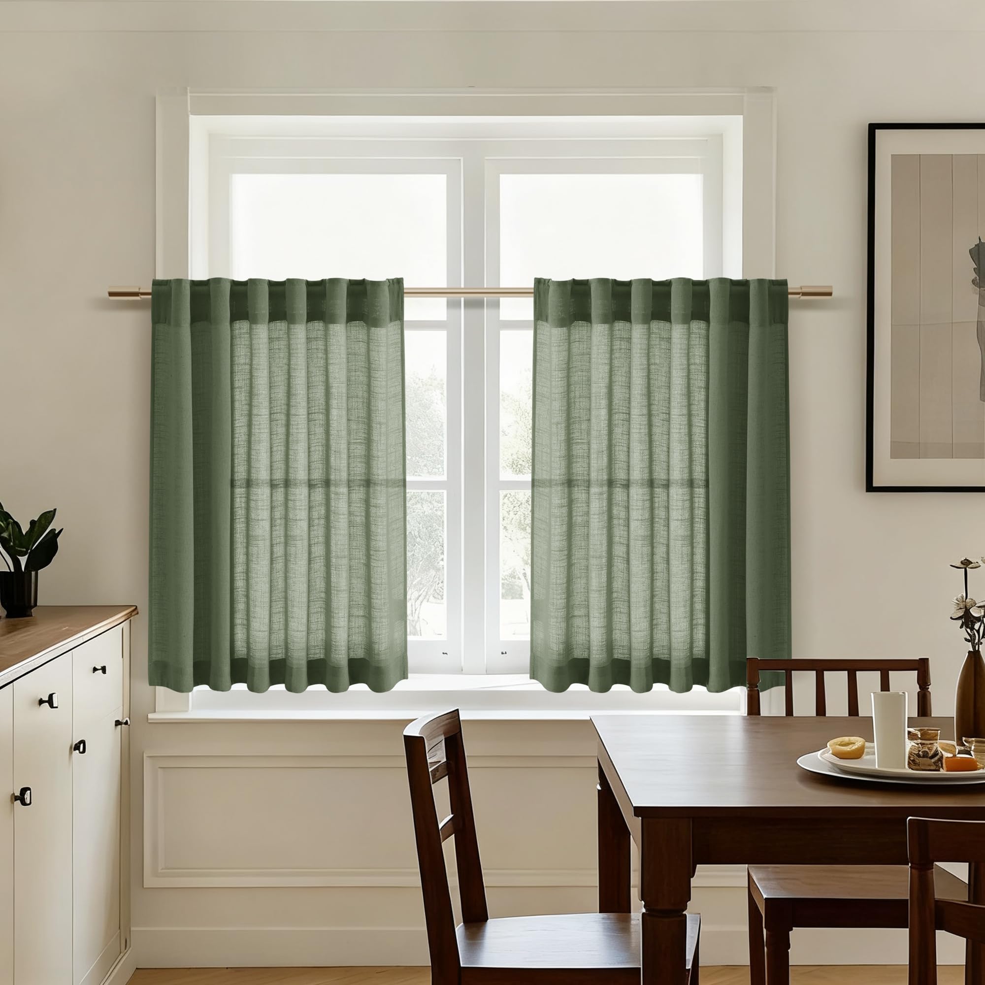 Nanspring Semi Sheer Short Linen Curtains 36 Inch Length for Kitchen Olive Green Light Filtering Panels Back Tab and Rod Pocket