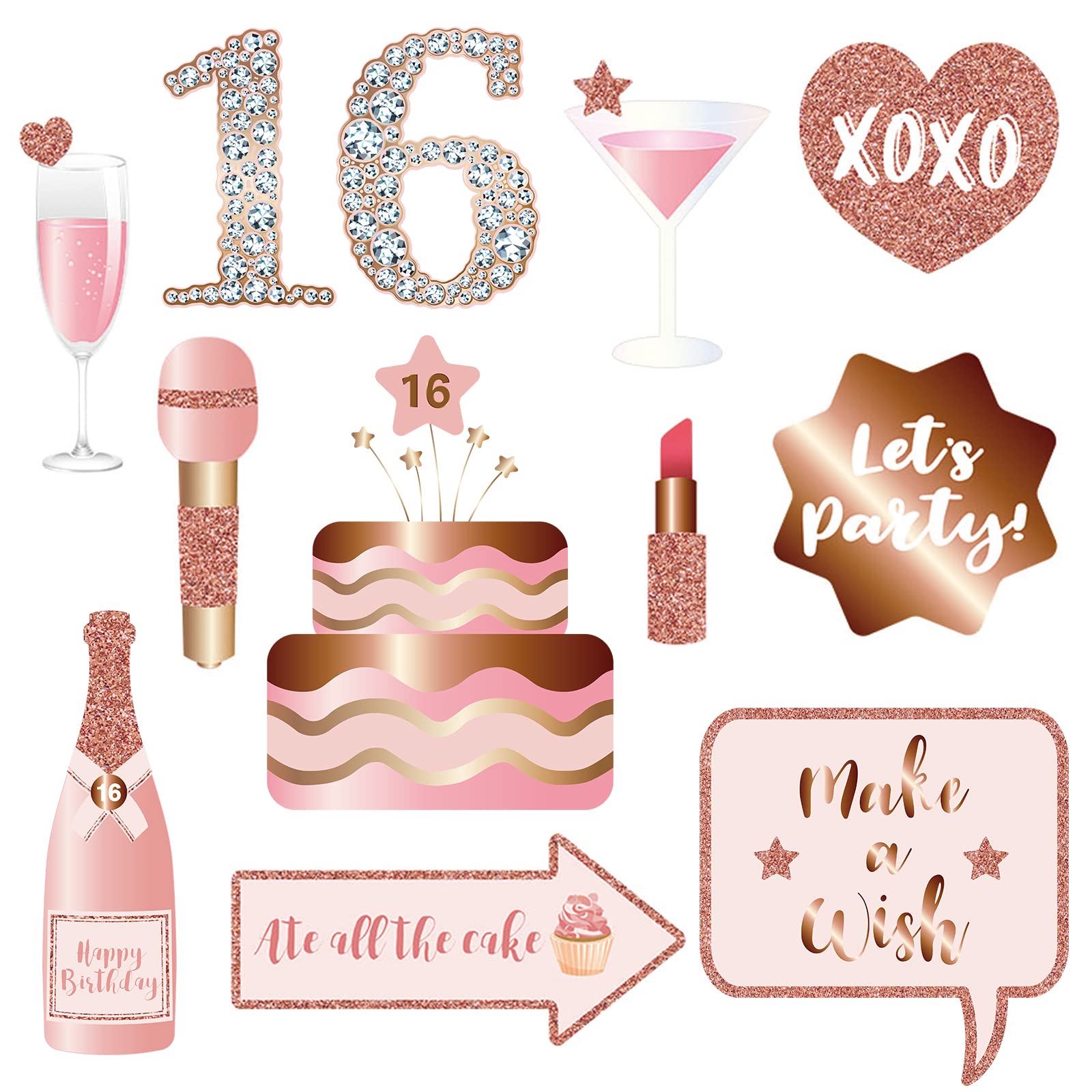 16Th Birthday Party Photo Booth Props And Signs, Rose Gold 16 Birthday Party Selfie Props Kit With Sticks For Girls Women, Sweet