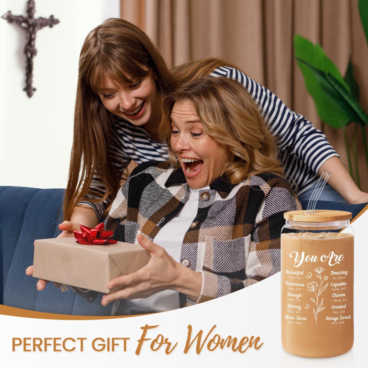 Christian Gifts for Women - Inspirational 16 Oz Can Glass Coffee Cup with Bamboo Lid & Straw - Religious Motivational Catholic G