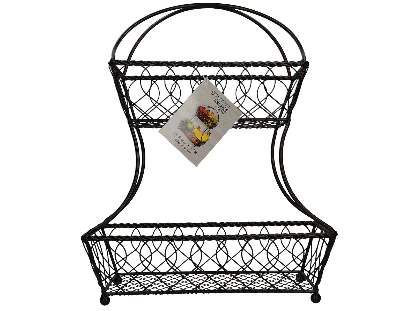 Gourmet Basics By Mikasa Loop And Lattice 2-Tier Flatback Metal Fruit Basket, Antique Black