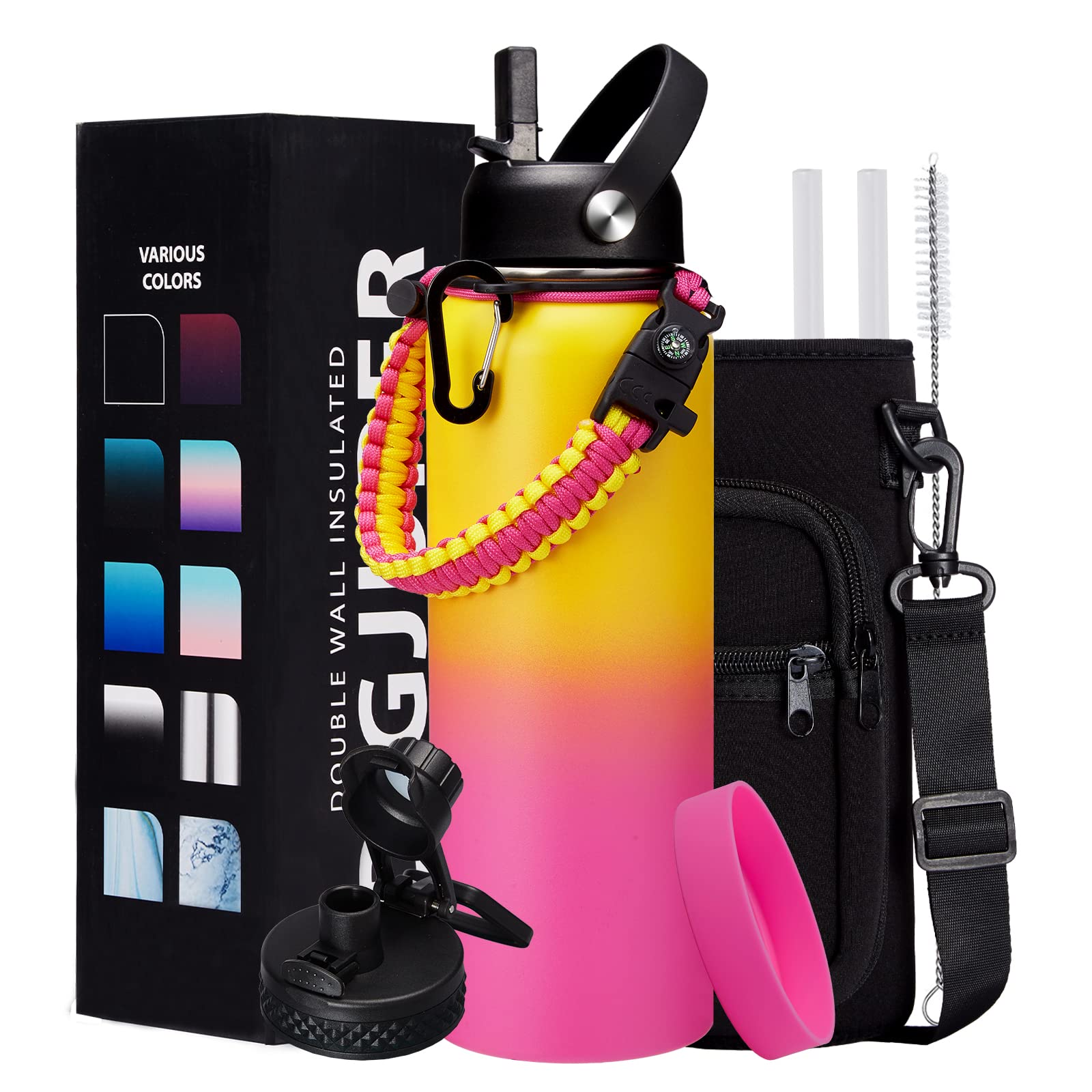 40Oz Insulated Stainless-Steel Water Bottle - Reusable Metal Water Bottles With Straw & Spout Lids, Paracord Handle & Bottle Car