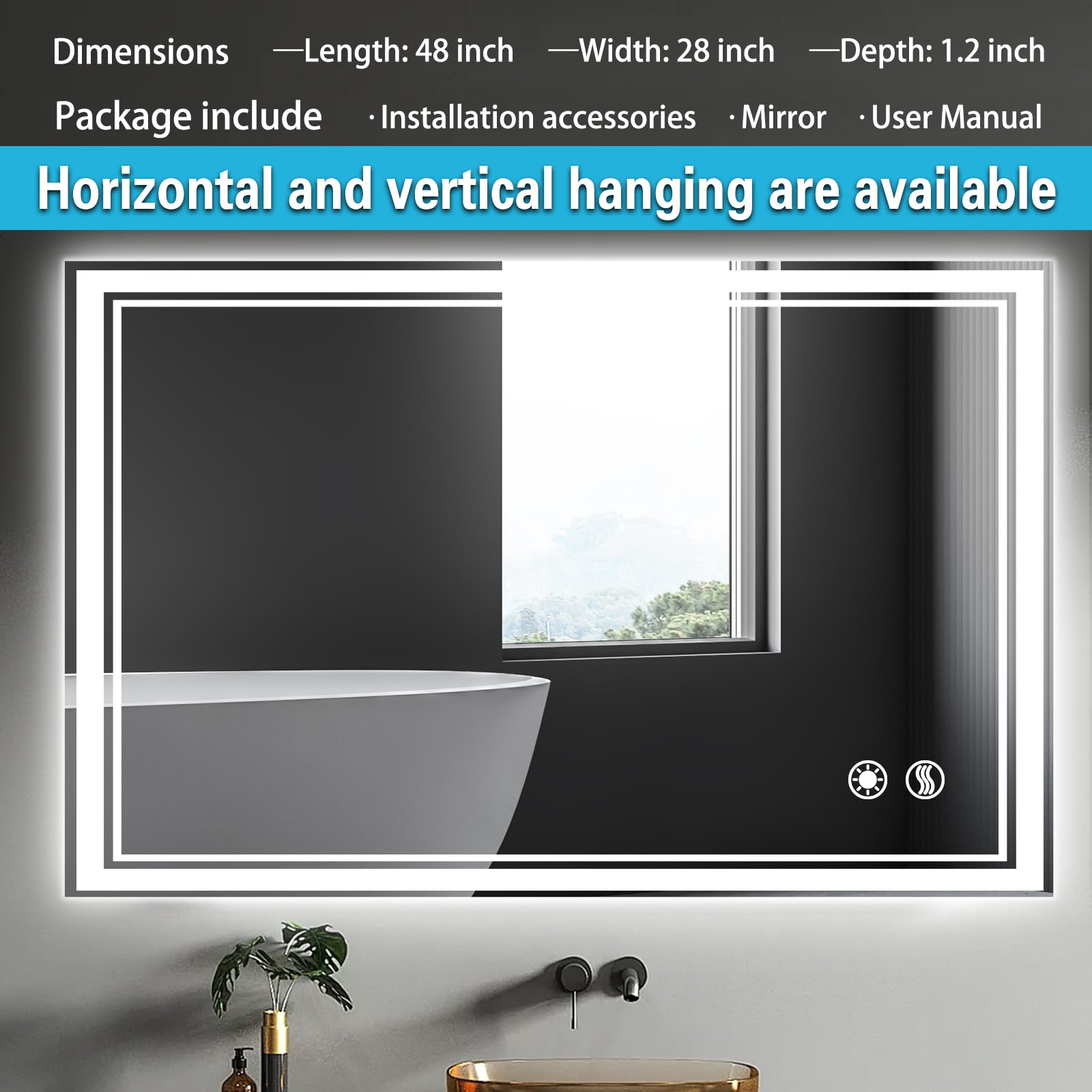 Wuenlux 48 X 28'' Led Mirror For Bathroom Anti-Fogging Bathroom Mirror With Lights Stepless Dimmable 3 Colors Front And Backlit