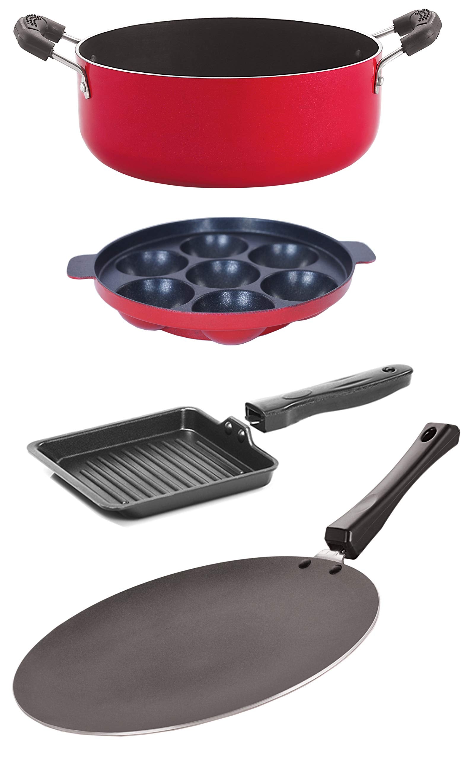 Nirlon NonStick Aluminium Cookware 4 Pieces Set (Gas Compatible) (Concave Tawa 28.5Cm + Appam 7 Cavity + Small Grill Pan  14Cm