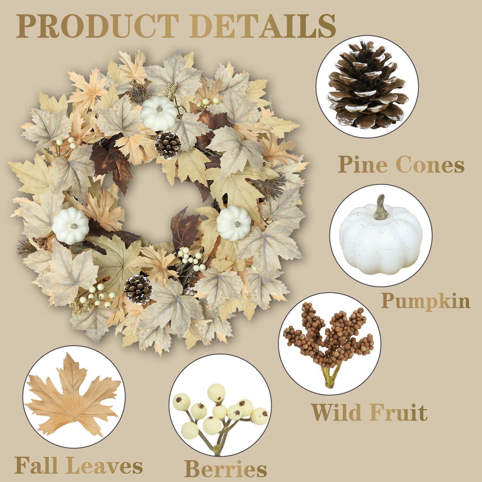 Realistic Fall Wreath with Lights, 22 Fall Wreaths for Front Door with Pumpkins Fall Leaves Berries Pine Cones,Autumn Wreath Fal