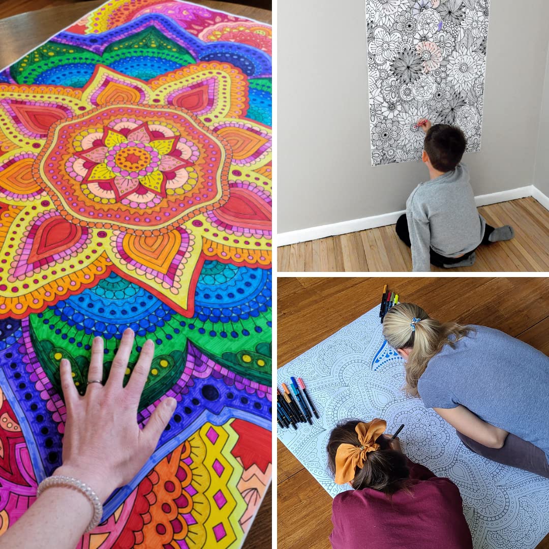 SJPRINTER Giant Coloring Poster - Floral Mandala, 30"x42" - Ideal for Kids, Adults, Care Facilities & Family Activities