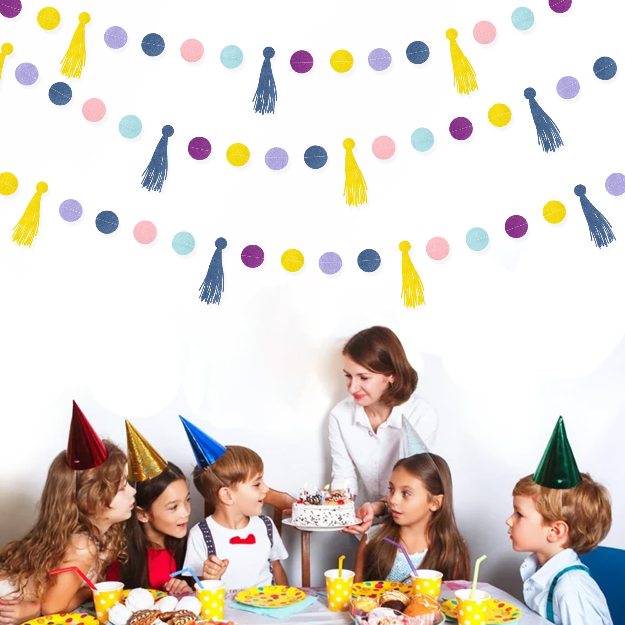 Oh Happy Day Decorations Navy Blue Yellow Purple Pink Felt Tassel Circle Dot Garland Banner Hanging Polka Dot Streamer For Boho