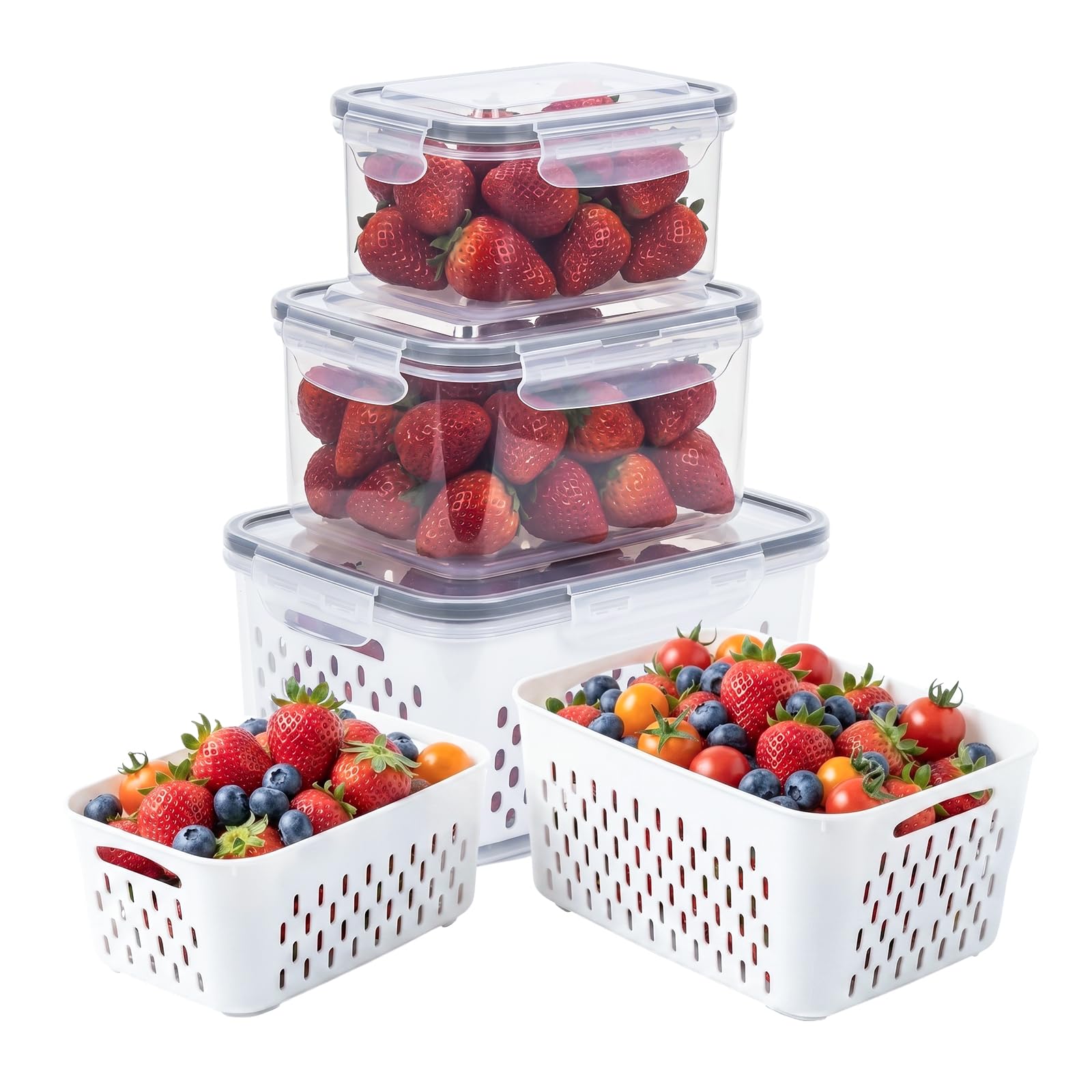 Fevbcnrj Fruit Storage Containers for Fridge with Removable Colander, 3Pack Strawberry Containers for Fridge Containers with Li