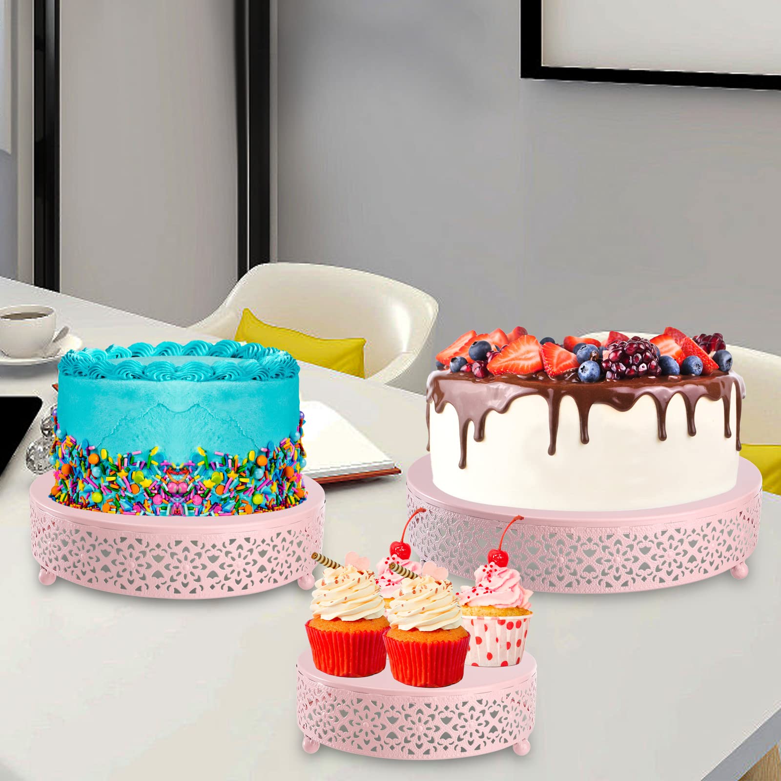Hedume 3-Piece Metal Cake Stand Set, Pink Round Cake Stand, Dessert Cupcake Pastry Candy Display Plate For Wedding, Birthday Par