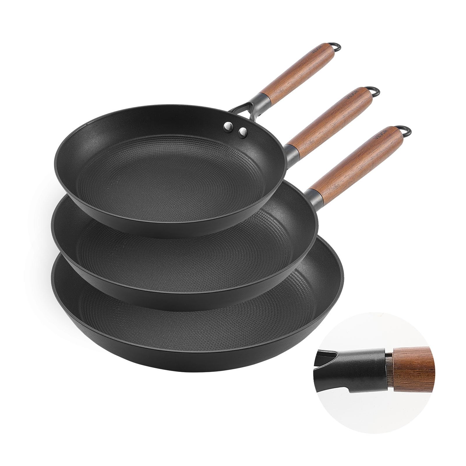 VEVOR Cast Iron Skillet, 3-Piece Frying Pan Set (8, 10, 12 in), Nonstick Skillets with Detachable Wood Handle, Pre-Seasoned Chef