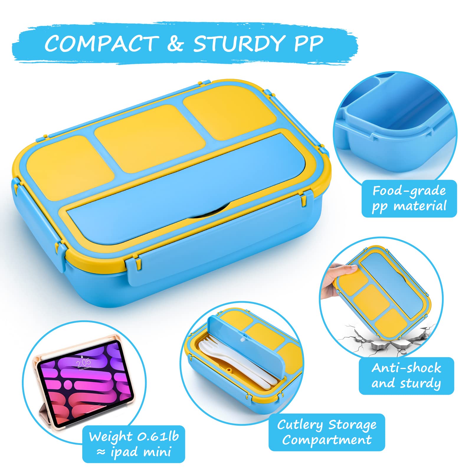 Qqko Bento Lunch Boxes With 4 Compartments, Sauce Container, Utensils, Food Picks And Muffin Cups For School Or Adults, Blue